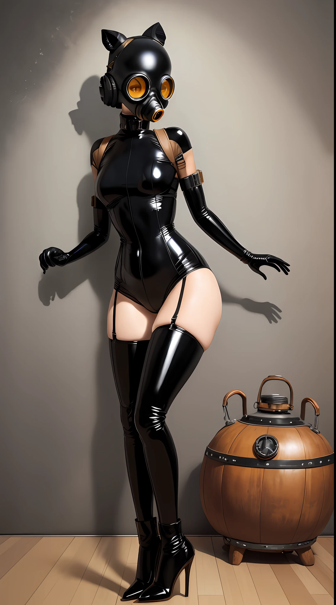 Black latex, 1 girl, gas mask, faceless, elbow long gloves, over-the-knee latex socks, high heels, full body, anatomically correct, (camel toe)