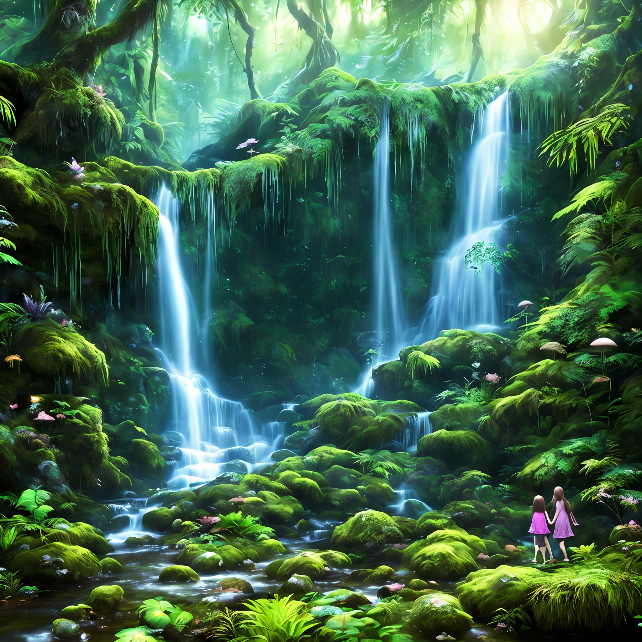 A masterpiece,((two girls)) are wandering near a mysterious waterfall in deep forest, fantasy purple-green , fantasy forest,16k,octane render, ((((color rich portrait)))), beautiful portrait, hyper detailed view, Beautiful Lighting, evening view ,the best quality, stunning reflections, the best reflections ever. (very detailed CG unity 8k wallpapers), (best quality), (best illustrations), (best shadows), forest theme with natural elements. Tall trees, quiet streams, small glowing mushrooms surrounded by delicate leaves and branches, with fireflies and glowing particle effects,, (natural elements), (jungle theme), (leaves), (twigs), (fireflies), butterflies, (delicate leaves), (glow), (particle effects). , Isometric 3D, Octane Rendering, Ray Traced, Super Detailed