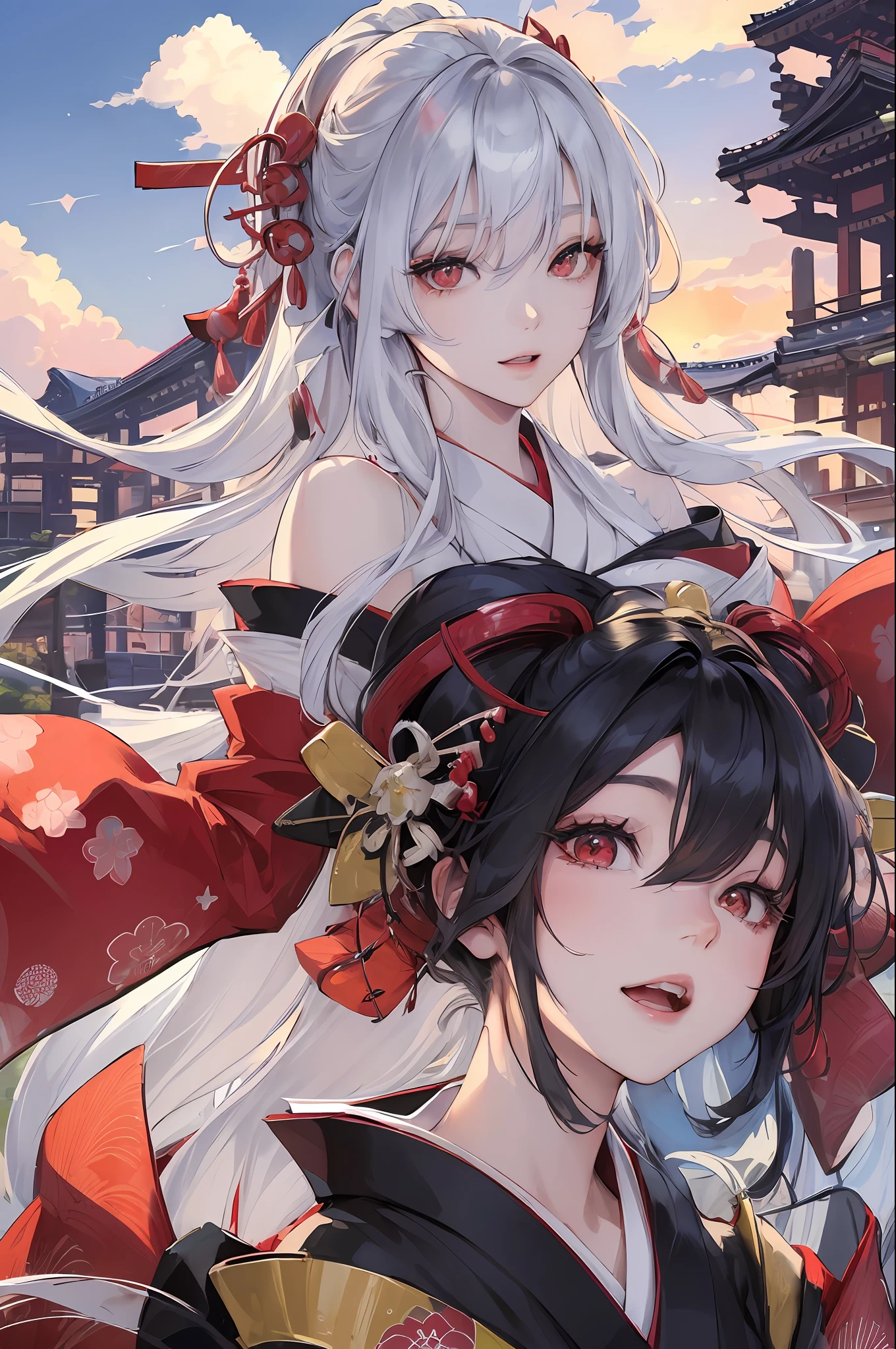 Official Art, Masterpiece, Sharp Focus, (Beautiful Gorgeous Cute Japan Woman:1.3), (Beautiful Cute Japan Woman:1.3), Japan Beauty, Delicate Beautiful Hair and Eyes and Face, Realistic, Ultra Detailed, Beautiful Girl, Blue Sky, Glow White Particles, (Side Light:1.2), Sunshine, White Clouds, Fine Clouds, Slender, Adorable Breasts and Waist, Show Your Teeth and Smile, ((Laugh with Eyes, Open Both Eyes )), landscape, long straight hair, sexy look, building, (cityscape: 1.3), night, dynamic hair, long straight hair, elaborate platinum black hair, shining red eyes, (red Japan kimono), white skin, hair ornament, magnificent landscape,