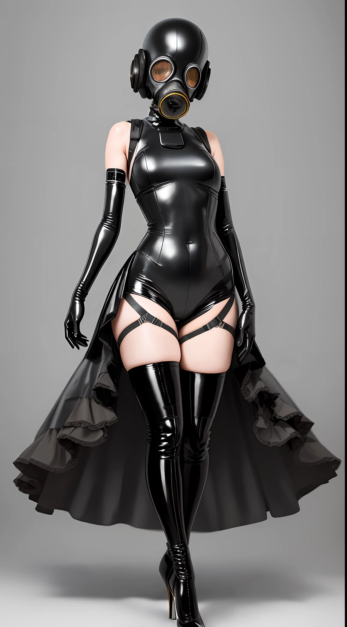 1 maiden, latex tights, gas mask, faceless, elbow long gloves, over-the-knee latex socks, high heels, full body, anatomically correct, UHD, masterpiece, super detail, best quality, anatomically correct, gray background, depth of field, from below