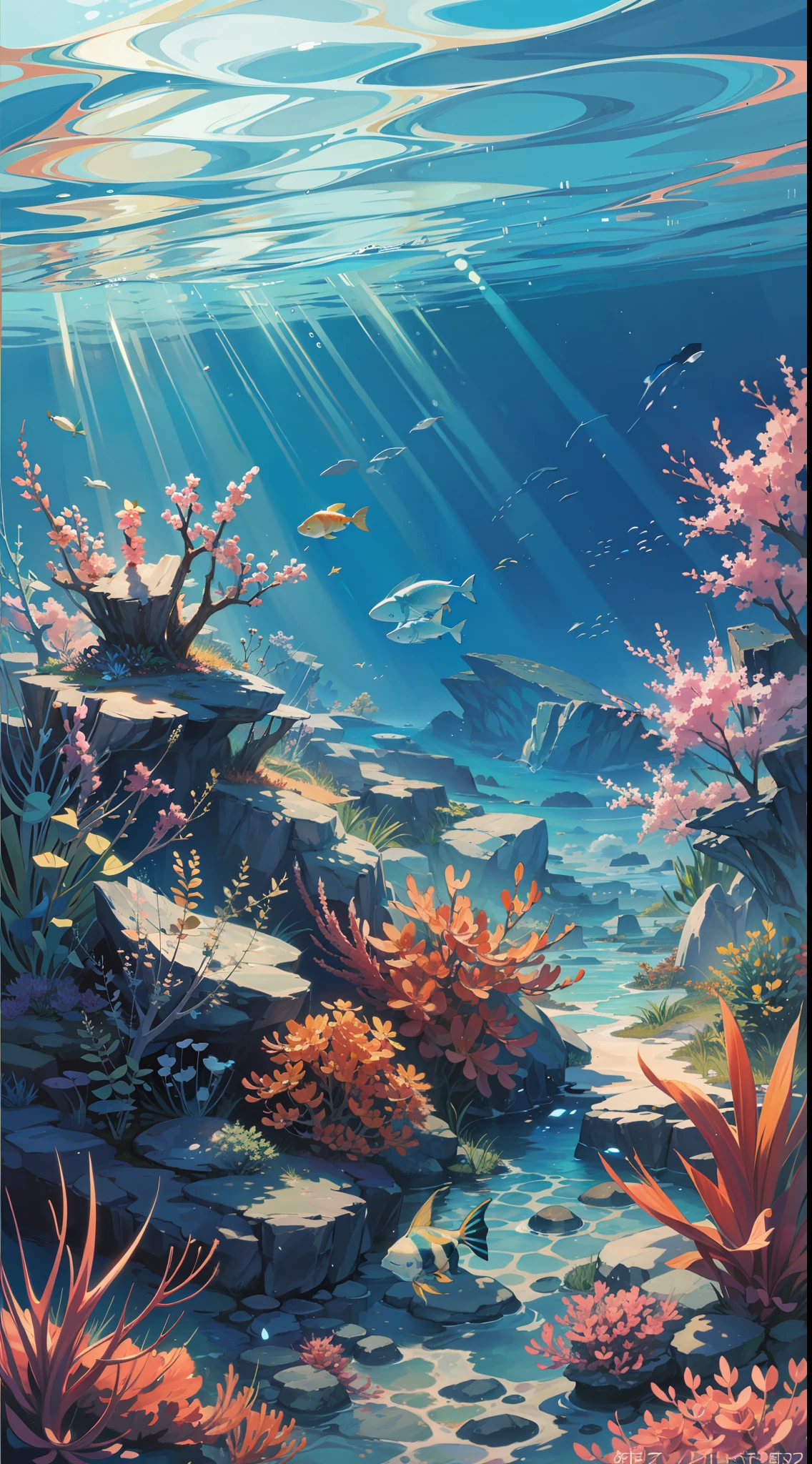 (artwork) image of an underwater view, as if it were seen from the bottom up towards the sky, with colorful and beautiful fish, sunlight passes through the crystal clear water, high details, masterpiece, 8k, anime, dramatic lighting, special effects