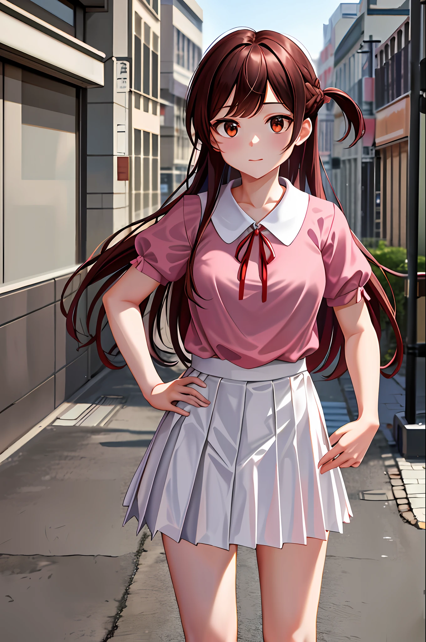 masterpiece, best quality, highres, chi1, 1girl, long hair, braid, one side up, solo, white skirt, red ribbon, pink shirt, pleated skirt, bangs, neck ribbon, puffy short sleeves, cowboy shot, street, hand on hip,
