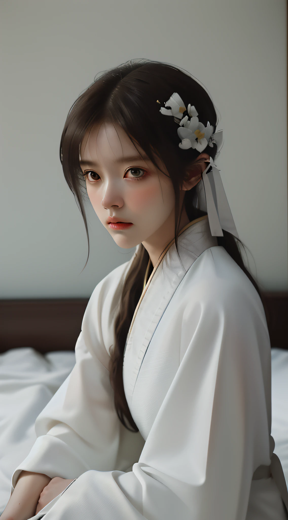 ((Best Quality)), ((Masterpiece)), (detailed), Melancholy Portrait of a Disheveled Young Woman, (Asymmetry: 1.2), White Hanfu, Flowing White Robe, Full Body Martial Arts, Sitting on a Bed in a Distressed and Cluttered Room. The subject exudes a feeling of frustration and exhaustion, and her (tattered: 1.2) clothes and (haggard: 1.2) appearance emphasize her sense of despair. The photo was taken from a medium distance, and (low-key: 1.3) the lighting creates a gloomy and introspective atmosphere. The artistic style is inspired by (Dutch Masters: 1.3) technique, careful attention (subtle contrasts: 1.2) and (delicate textures: 1.2) to convey the complex emotions of the subject, adding a sense of vulnerability and vulnerability to the scene. Despite her disheveled appearance, her face is still (delicate beauty: 1.3), with delicate facial features and a quiet sense of dignity, full body photo, sitting on the bed,