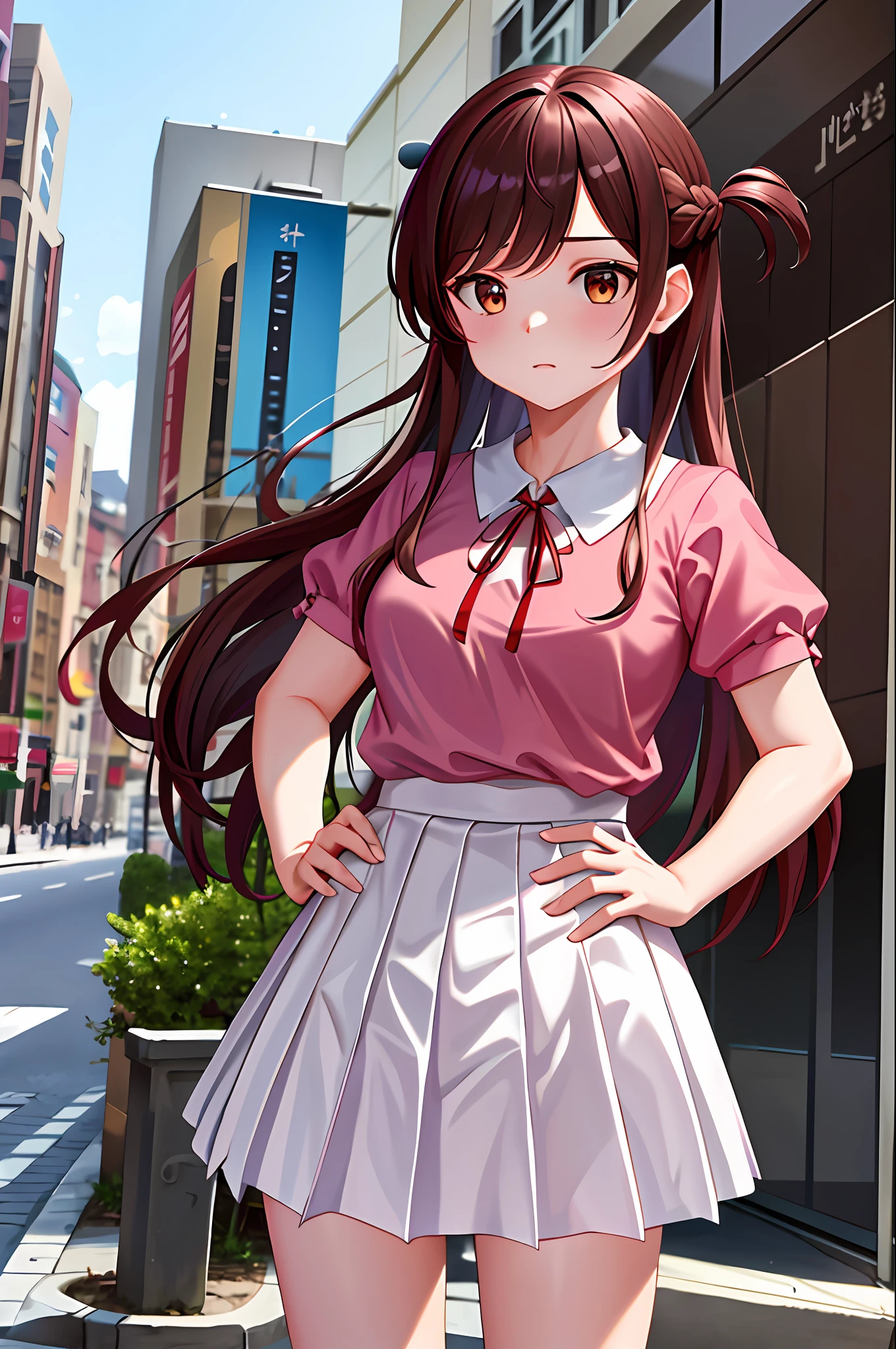 masterpiece, best quality, highres, chi1, 1girl, long hair, braid, one side up, solo, white skirt, red ribbon, pink shirt, pleated skirt, bangs, neck ribbon, puffy short sleeves,  cowboy shot, street, hand on hip,