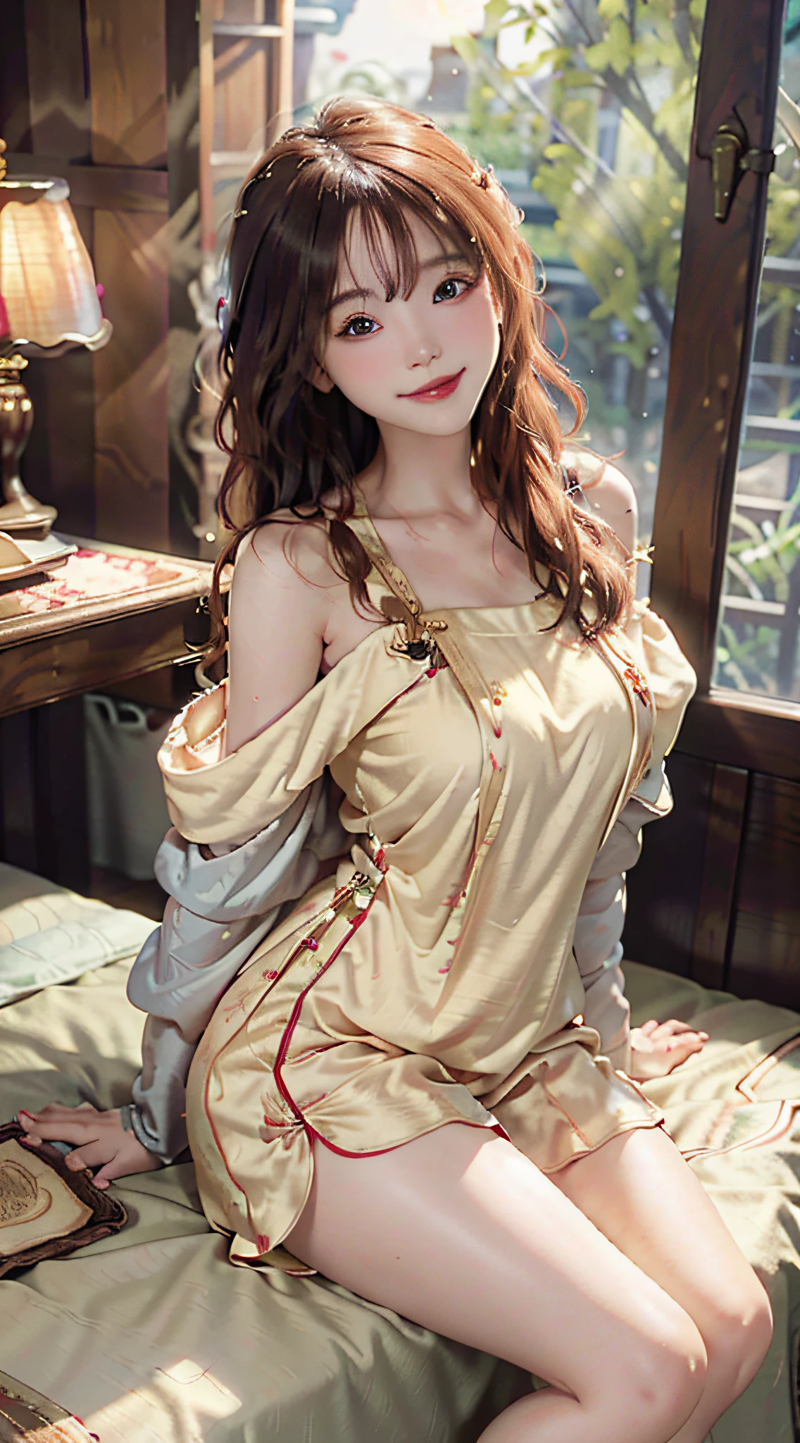 best quality, masterpiece, super high resolution, (photorealistic:1.4), original photo, 1 32 year old woman babe, goddess, off-the-shoulder, pajamas lace shorts, cinematic lighting, half-body, smiling, shy, sitting,