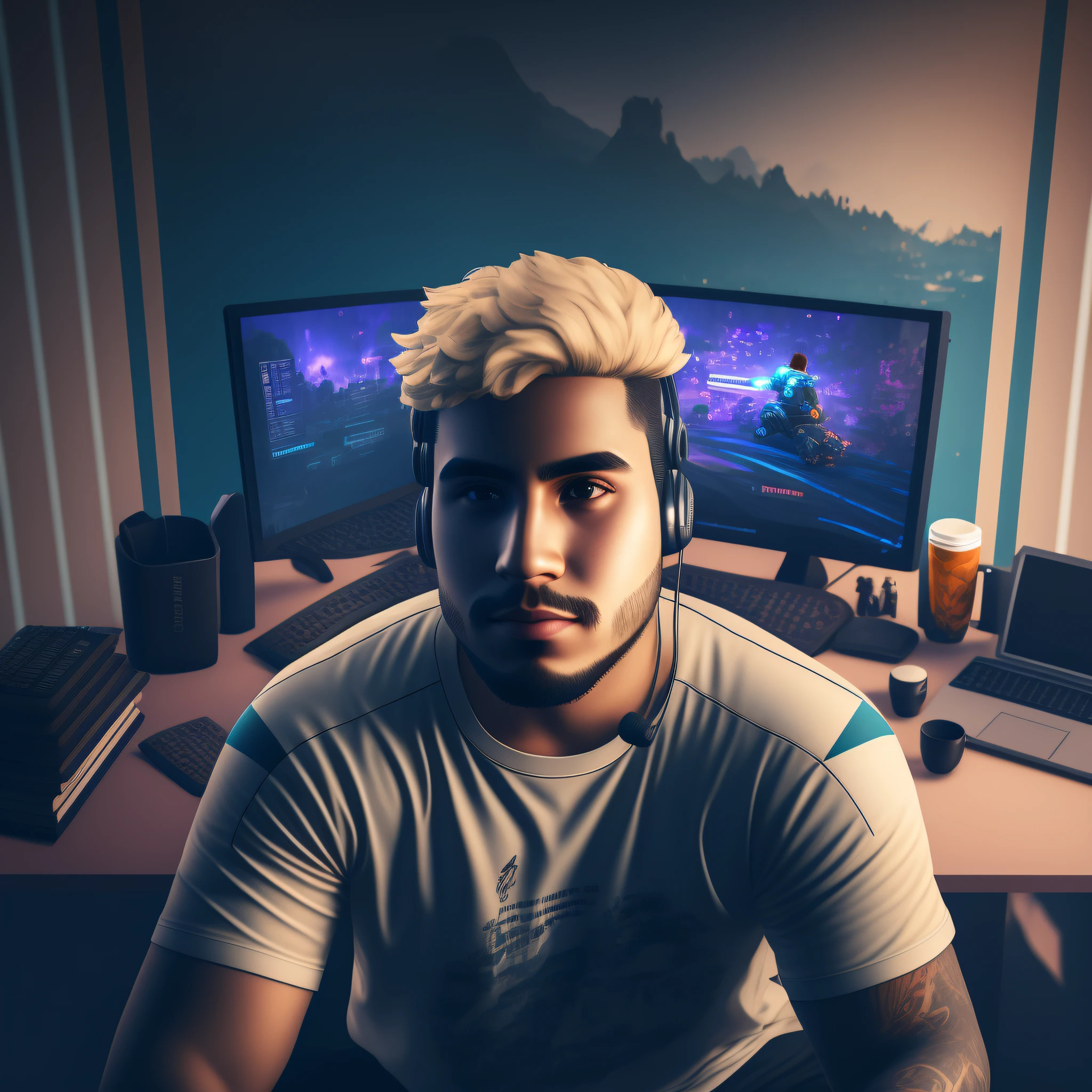 There's a brown-eyed man sitting at a desk with a computer and a laptop, Twitch streamer/gamer Ludwig, 1024px profile picture, epic game portrait, gamer aesthetic, high quality portrait, photoshop edited, mid shot portrait, clean artstyle, 2D render, NFT portrait, 8k game style, lofi portrait