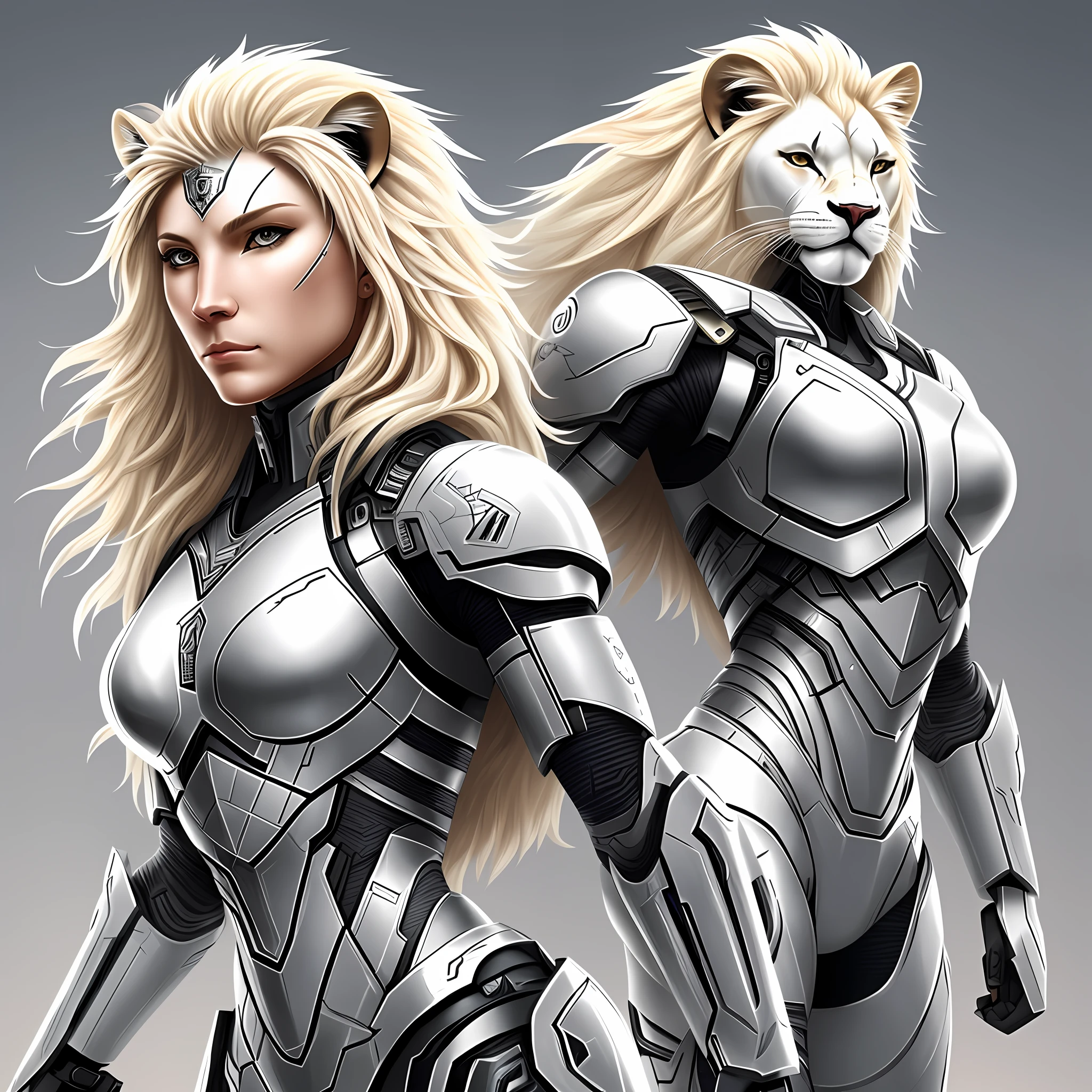 White female lion female cyborg warrior detailed illustration beautiful design