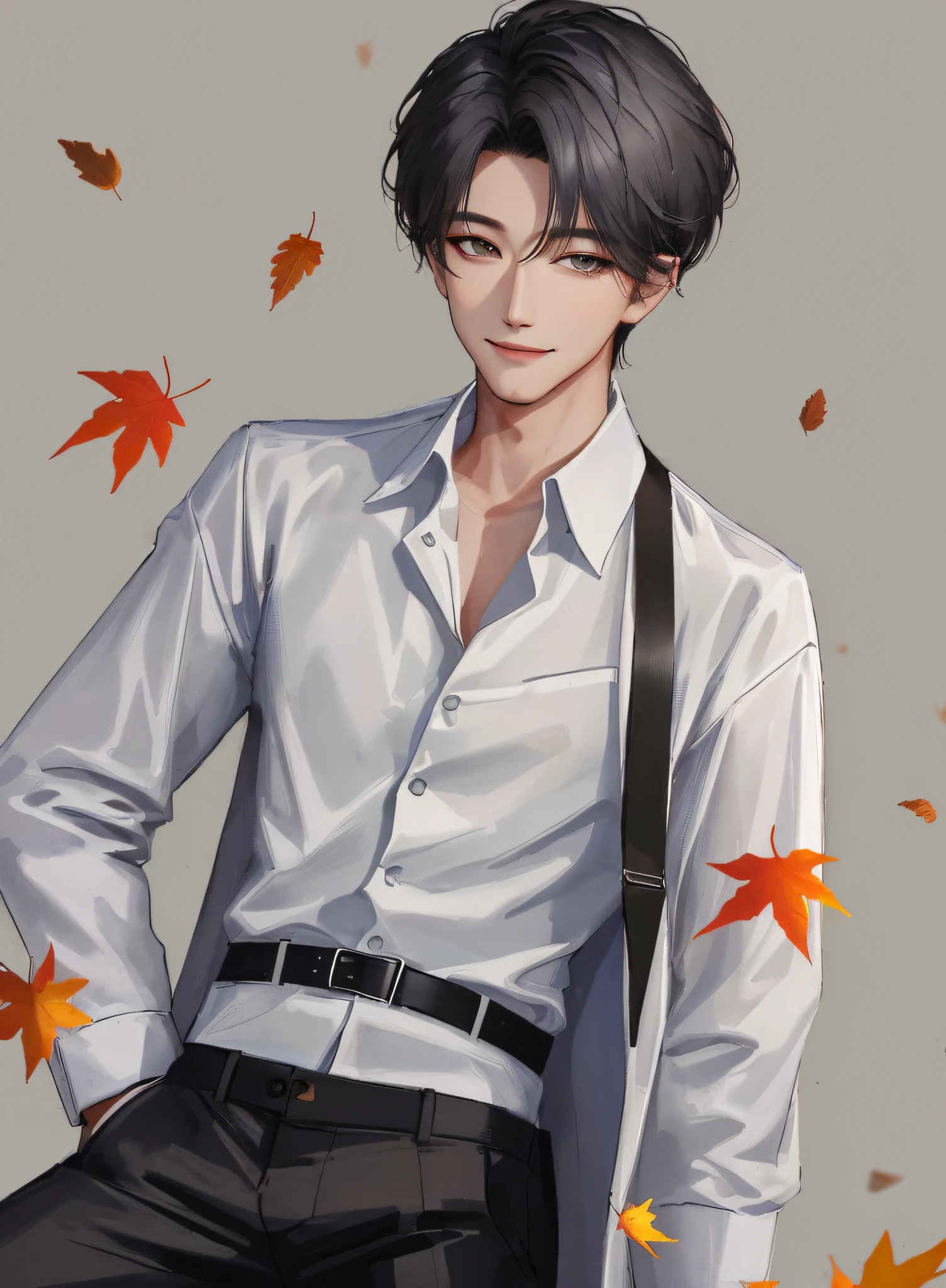 masterpiece, best quality, realistic, 1man, male focus, tall, handsome, smile, closed mouth, white shirt and black pants, portrait, extremely detailed face, autumn halloween season,korean face, idol face, sharp eyeline, short gray hair, cinematic lightning, foggy background with mapel leaves,