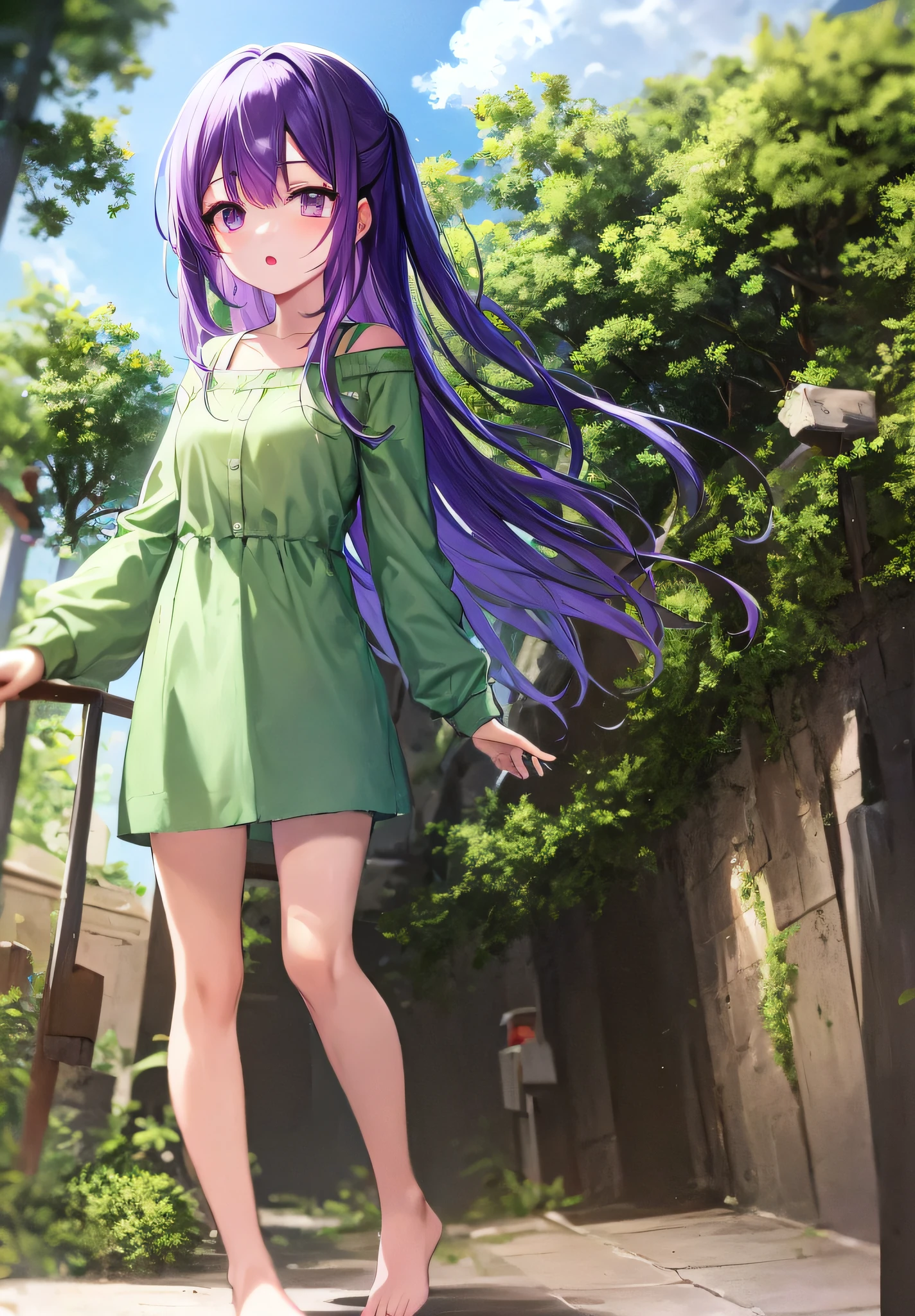 Anime girl with purple hair and green shirt walking down the street, ite girl, anime moe art style, cute girl anime visual, gwise, official artwork, Misato Katsuragi, official art, gvaiz style artwork, smooth anime CG art made in anime painter studio, very detailed official artwork, young anime girl, anime style 4k, Base unchangeable, fine-grained, Loli, Girl (ancient ruins), height 130 cm, solo, alone, barefoot