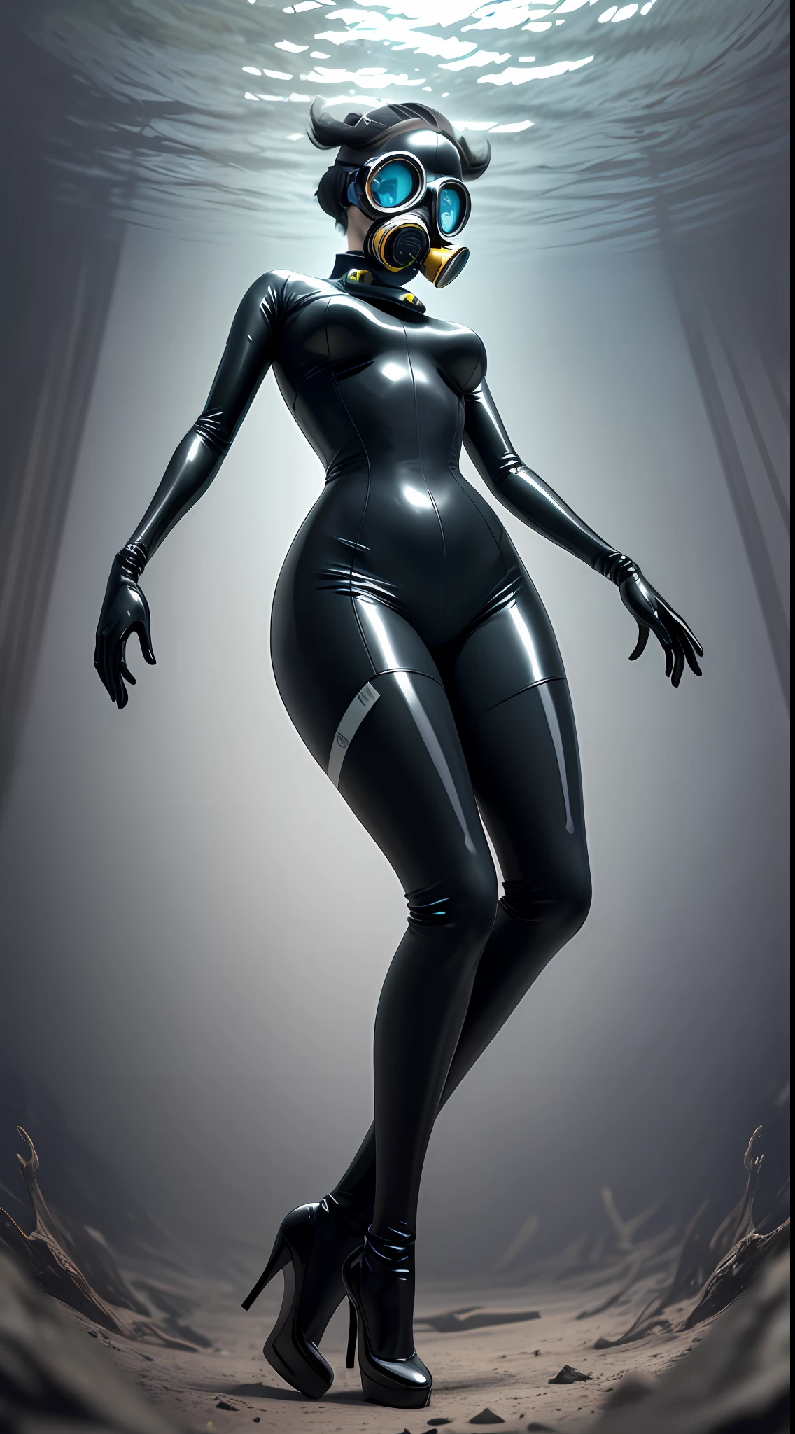 1 woman, underwater, latex tights, gas mask, faceless, elbow long gloves, over-the-knee latex socks, high heels, full body, anatomically correct, UHD, masterpiece, super detail, best quality, anatomically correct, gray background, depth of field, from below