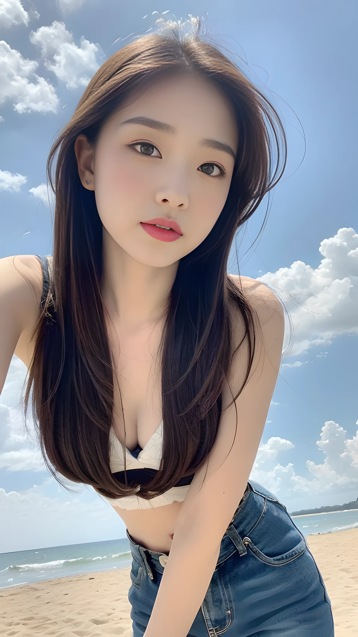 ((Best Quality, 8K, Masterpiece:1.3)), A beautiful girl, pure, melon face, gentle and cute, thin figure, partial head, upper body leaning forward, (short solid color top, high-waist print wide fat pants), high ponytail, black fluffy long ponytail hair, round black big eyes, clear big eyes, moist red lips, sweet, standing, blue sky and white clouds, sunshine, beach background,