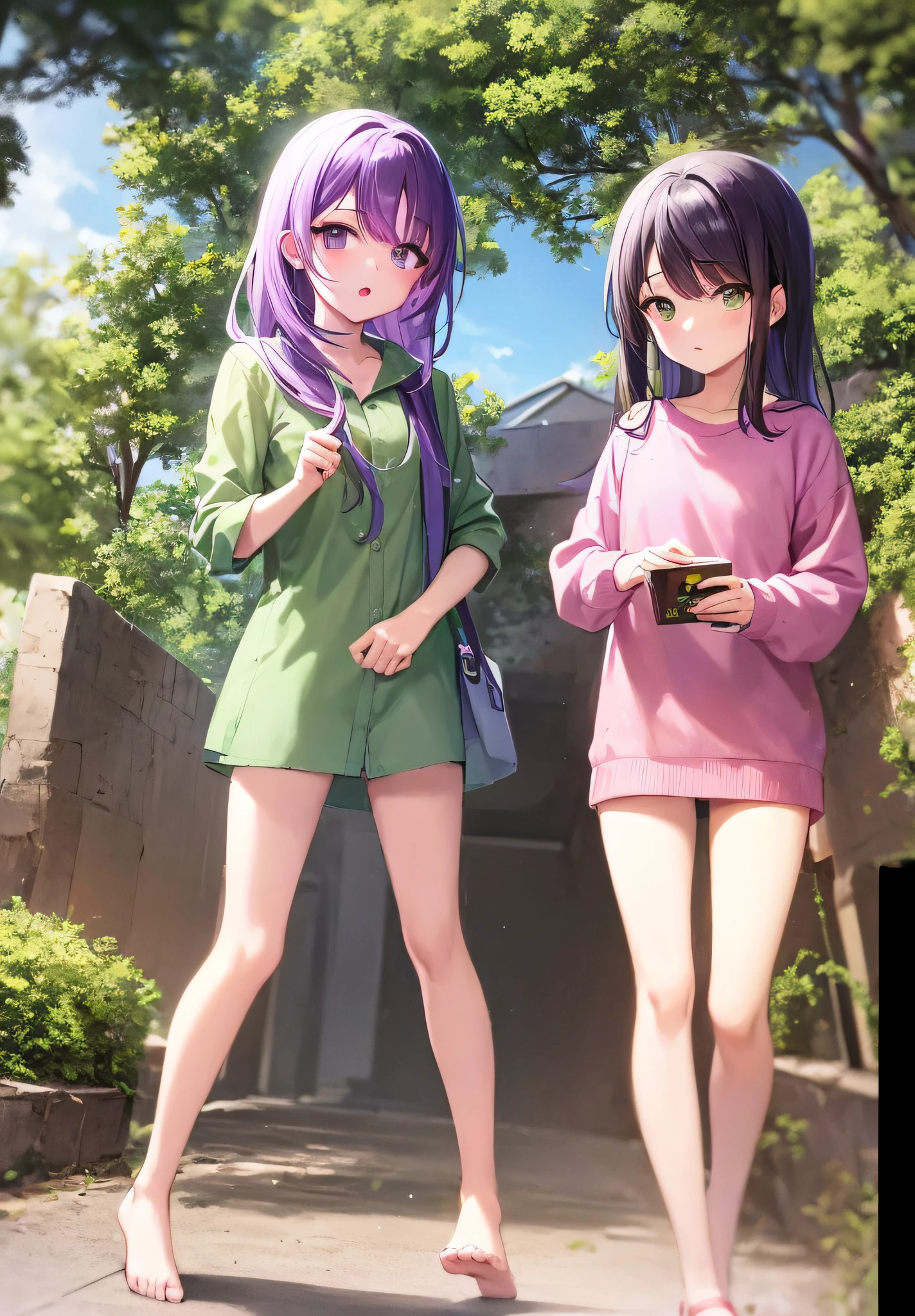 Anime girl with purple hair and green shirt walking down the street, petite girl, anime moe art style, cute girl anime visual, gwise, official artwork, Misato Katsuragi, official art, gvaiz style artwork, smooth anime CG art made in anime painter studio, very detailed official artwork, young anime girl, anime style 4k, Base unchangeable, fine-grained, Loli, Girl (ancient ruins), height 130 cm, solo, alone, barefoot