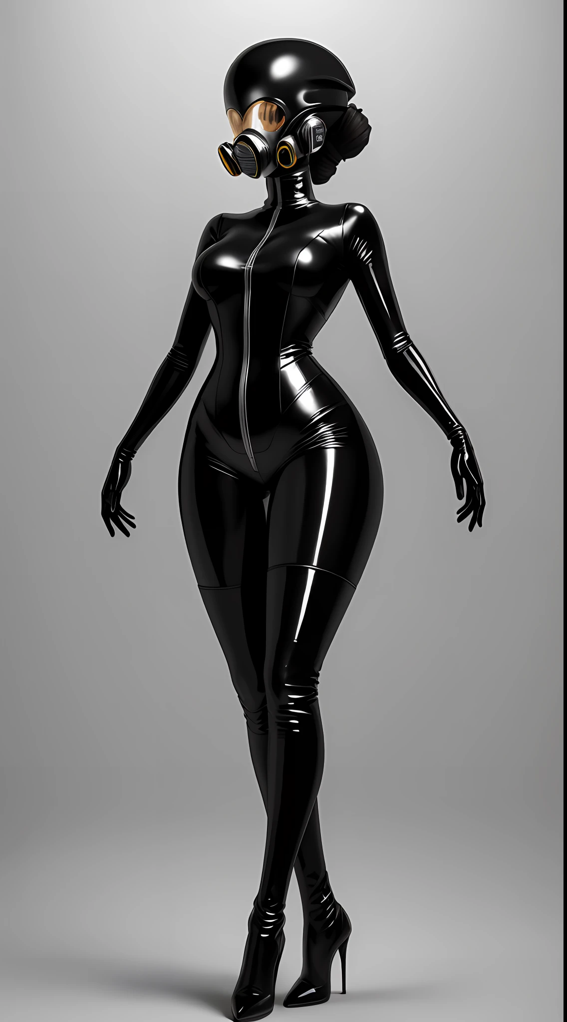 1 woman, black latex suit, gas mask, faceless, elbow long gloves, over-the-knee latex socks, high heels, full body, anatomically correct, UHD, masterpiece, super detail, best quality, anatomically correct, gray background, depth of field, from below