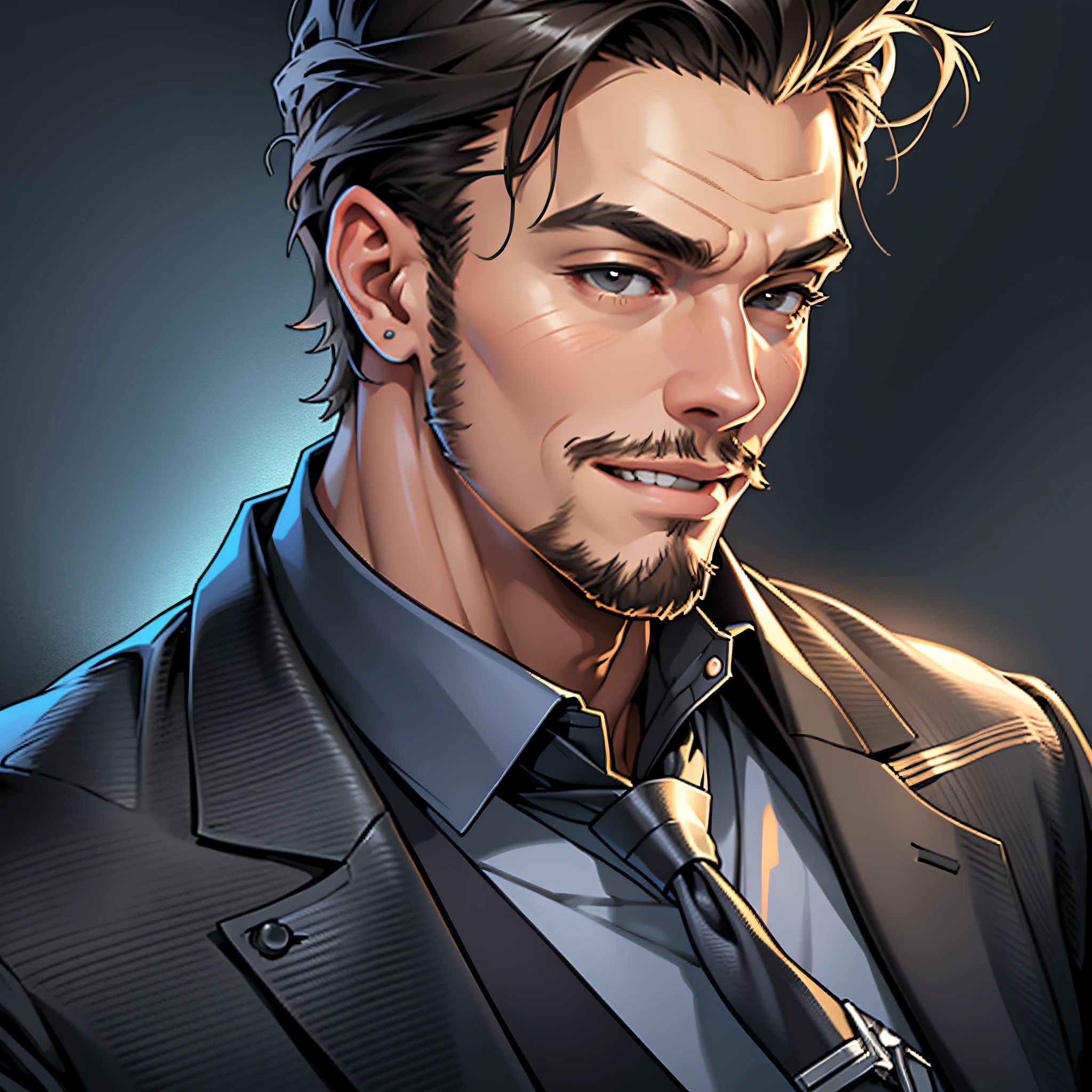 masterpiece, top quality, realistic, male focus, tall muscles, handsome, smile, mouth closed, suit, portrait, highly detailed face, --auto --s2