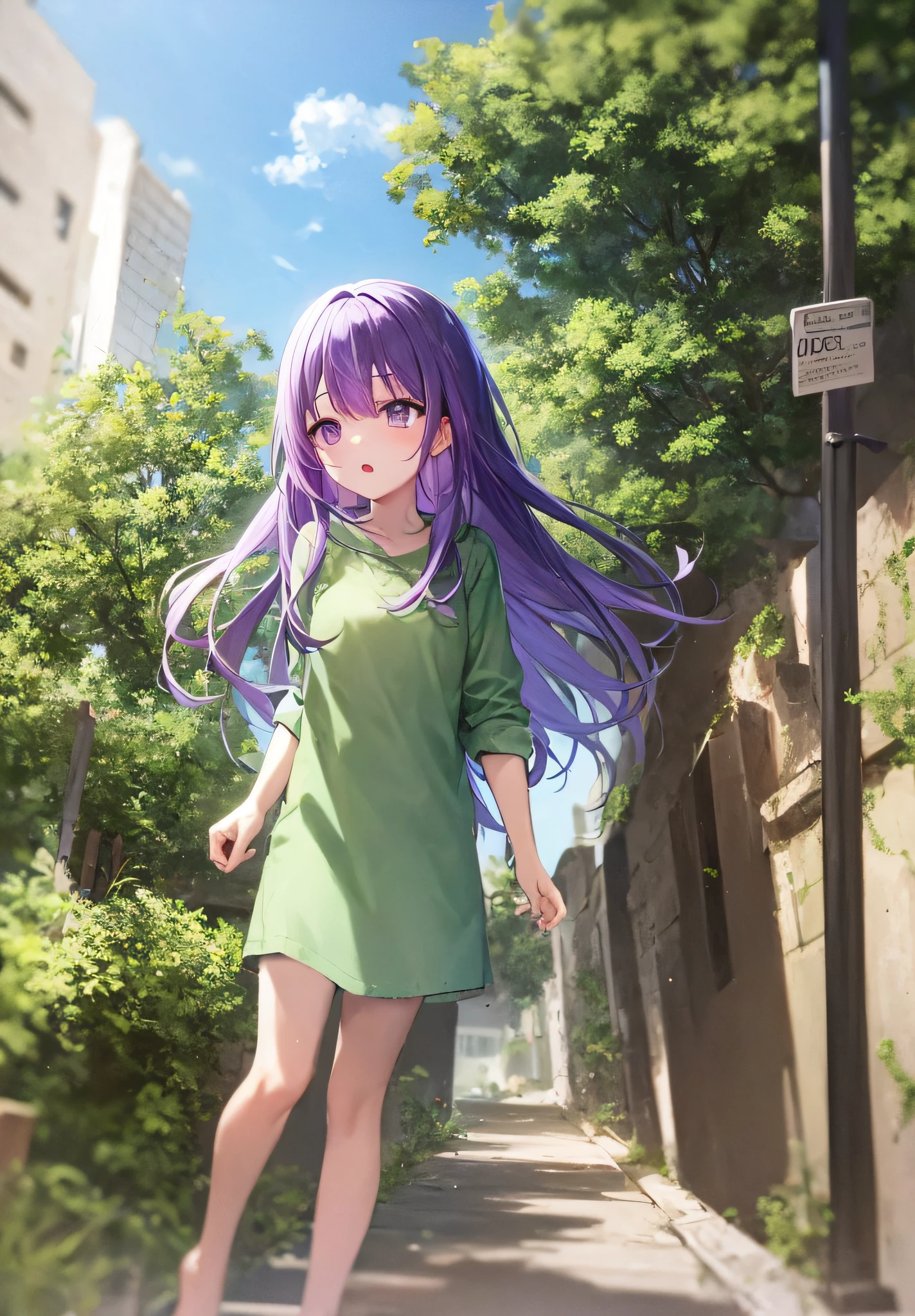 Anime girl with purple hair and green shirt walking down the street, petite girl, anime moe art style, cute girl anime visual, gwise, official artwork, Misato Katsuragi, official art, gvaiz style artwork, smooth anime CG art made in anime painter studio, very detailed official artwork, young anime girl, anime style 4k, Base unchangeable, fine-grained, Loli, Girl (ancient ruins), height 130 cm, solo, alone, barefoot