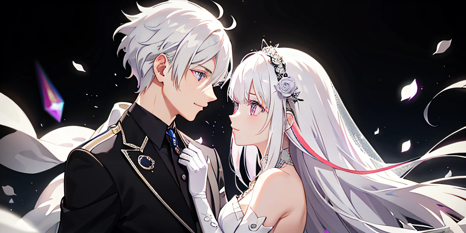 Couple, white hair, multicolored hair, purple eyes, head mask, side light, light particles, wallpaper, wedding dress