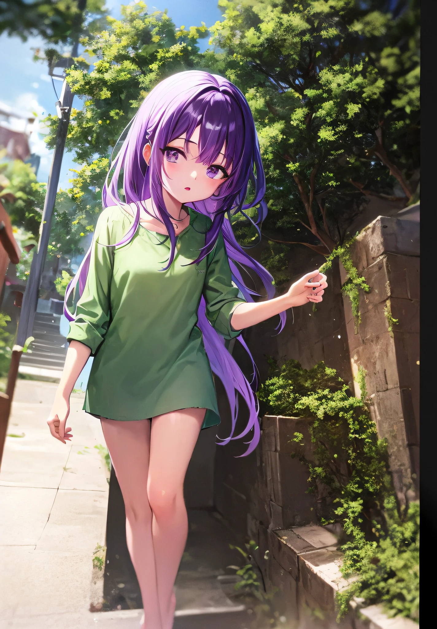 Anime girl with purple hair and green shirt walking down the street, ite girl, anime moe art style, cute girl anime visual, gwise, official artwork, Misato Katsuragi, official art, gvaiz style artwork, smooth anime CG art made in anime painter studio, very detailed official artwork, young anime girl, anime style 4k, Base unchangeable, fine-grained, Loli, Girl (ancient ruins), height 130 cm, solo, alone, barefoot