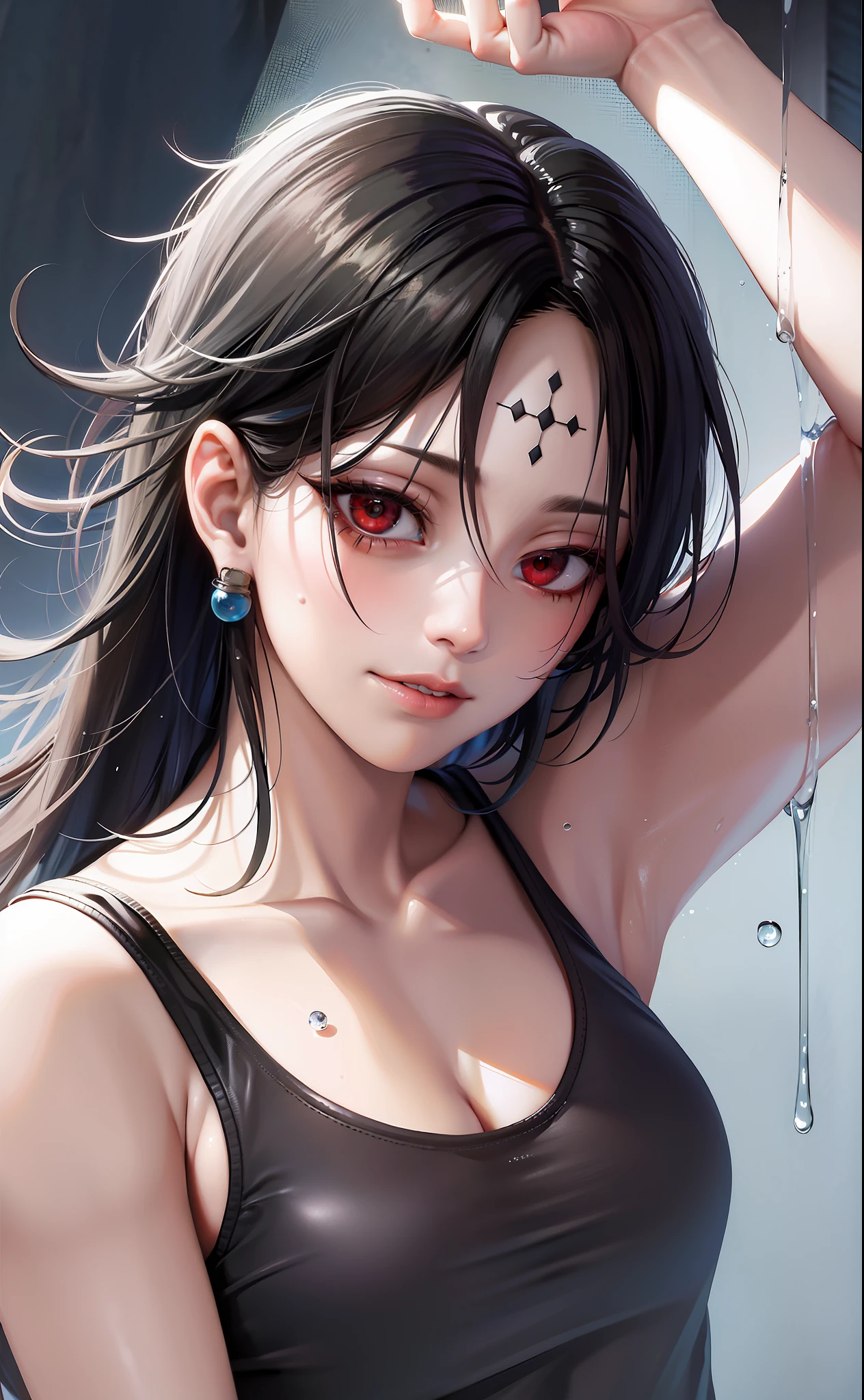 Best Quality, Solo, Black Hair, Shirt, Red Eyes, White Screen, Black Hair, Wet Clothes, Smirk,