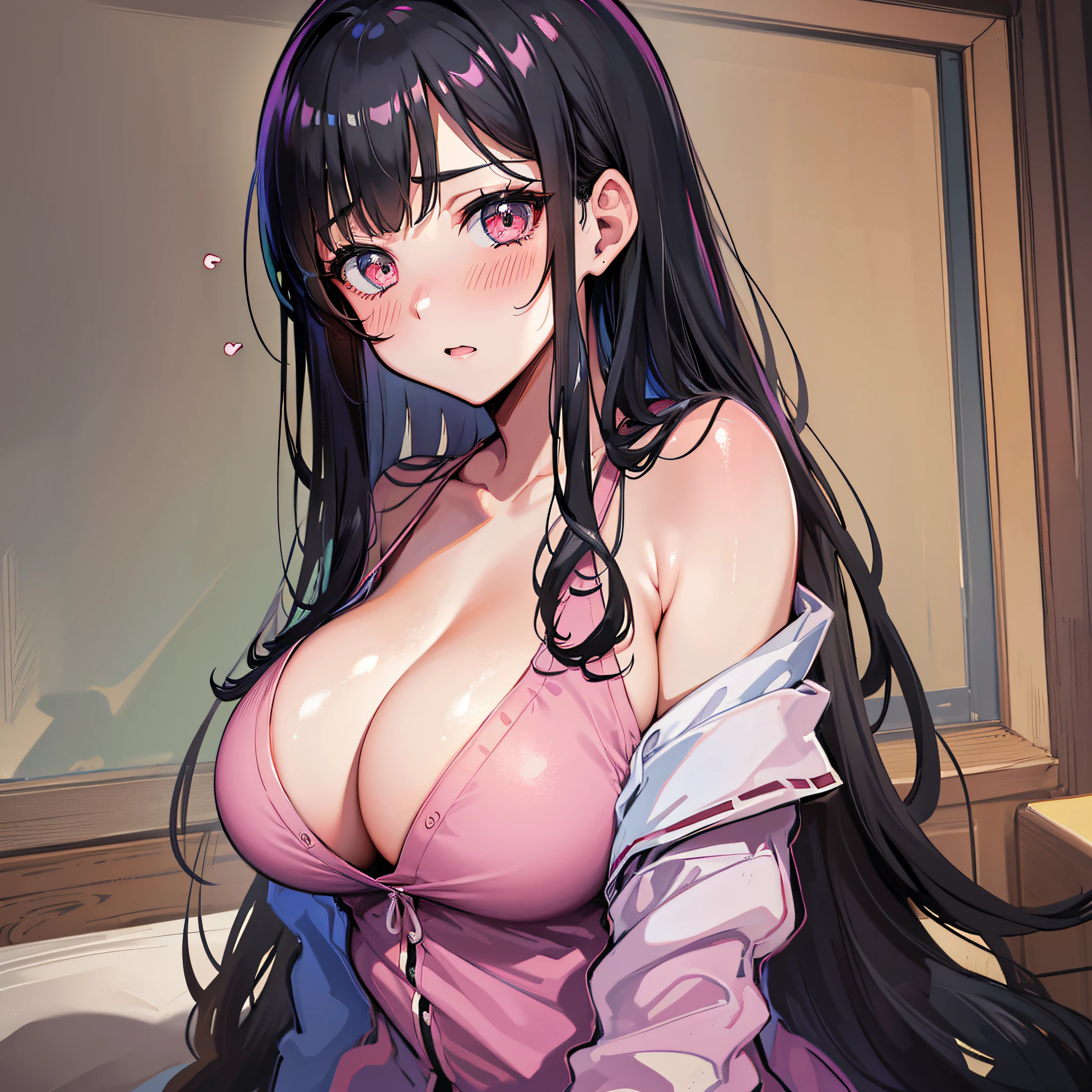 2girls, black hair, open shirt, large breasts, multiple 4koma, very long hair, breasts, on bed, puffy, best quality, blush,, rolling eyes, looking at viewer, teacher,
