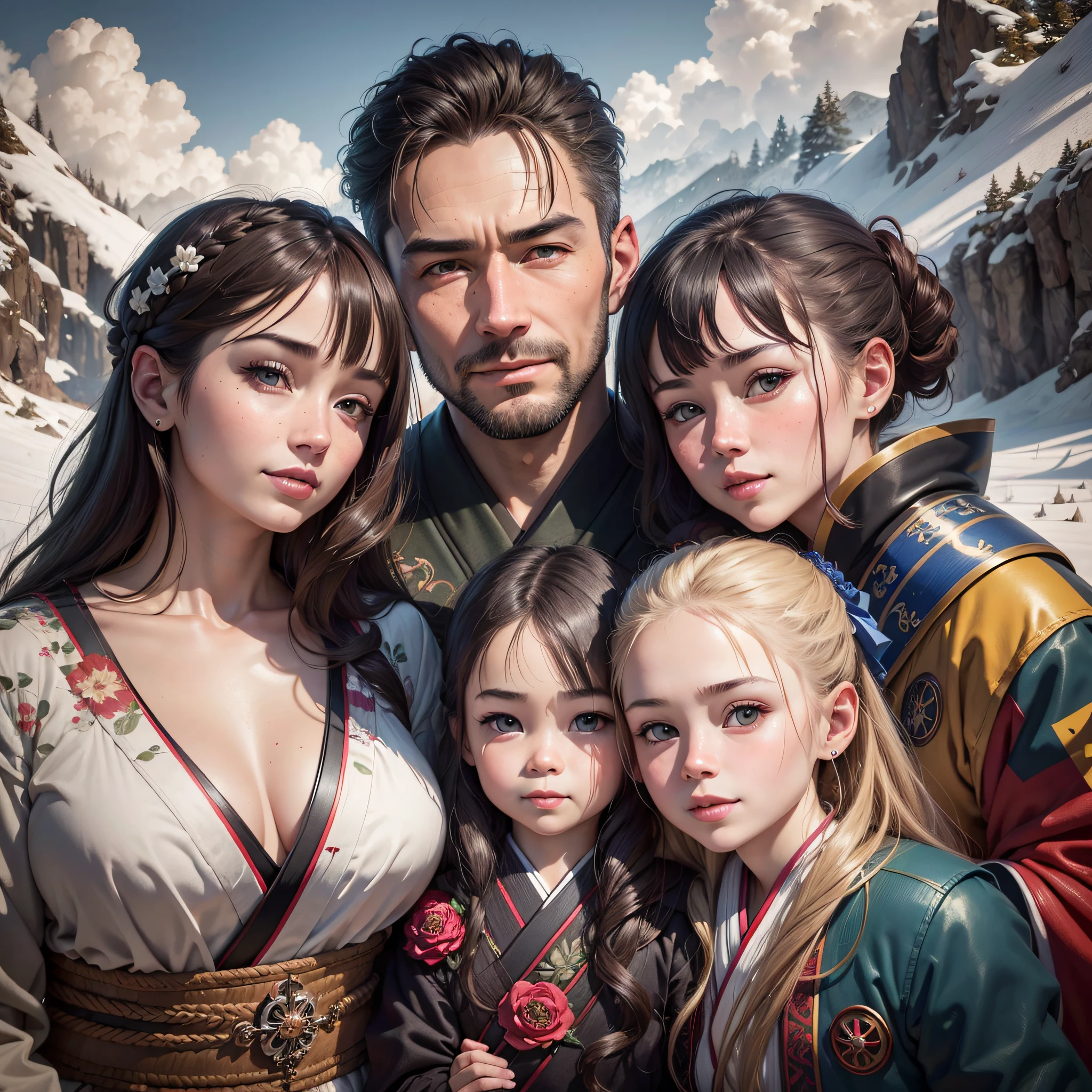 happy family portrait in the forest, photo, realistic, smooth face, perfect eyes, wide angle, sharp focus, 8k high resolution, insanely detailed, complex, Oliver Wetter, beautiful, hd, dream, ultra wide angle, hyper realism, hyper detail,Japan people,smile --auto --s2