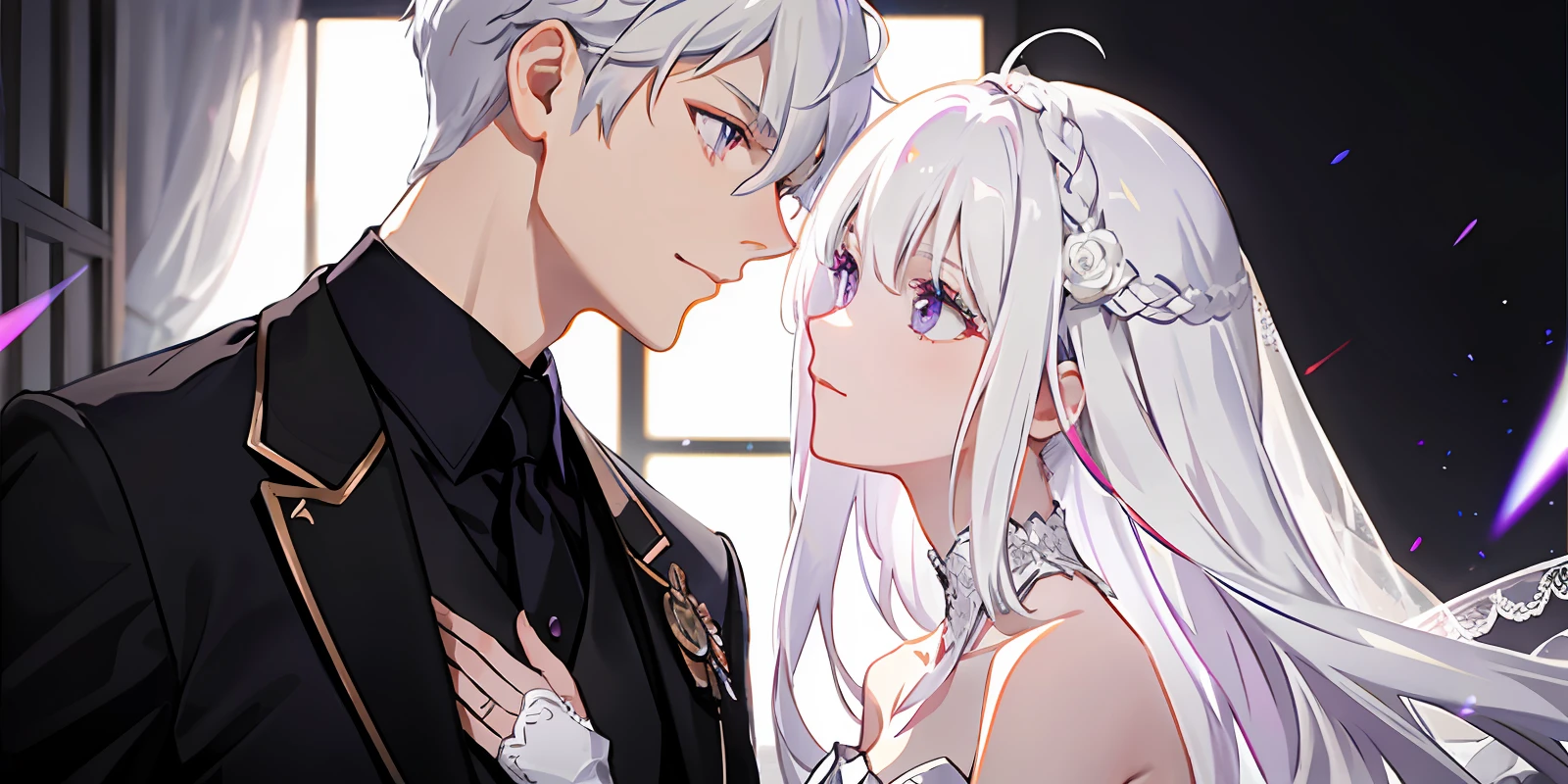 Couple, white hair, multicolored hair, purple eyes, head mask, side light, light particles, wallpaper, wedding dress