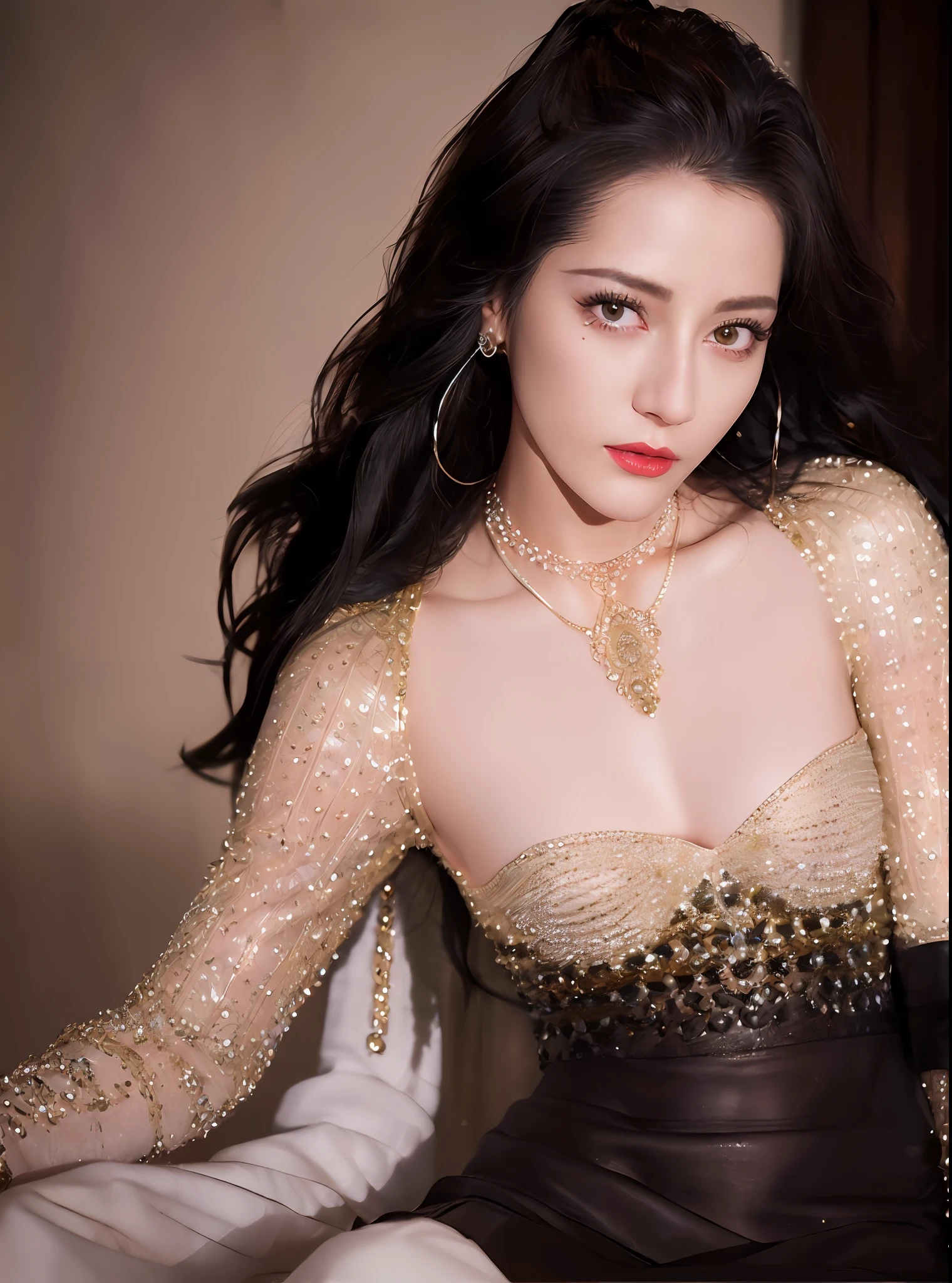 (raw photo:1.2),(photorealistic:1.4)),(Masterpiece),(best quality),((masterpiece)),(highres), original, (extremely detailed 8K wallpaper), 1girl, solo, slim body, Extremely Delicate Beautiful, ( Beautiful and detailed eye depictions), ((delicate faces)), necklace, slim figure, black transparent stockings, long hair, depth of field, ((see-through)), standing, cosplay,
