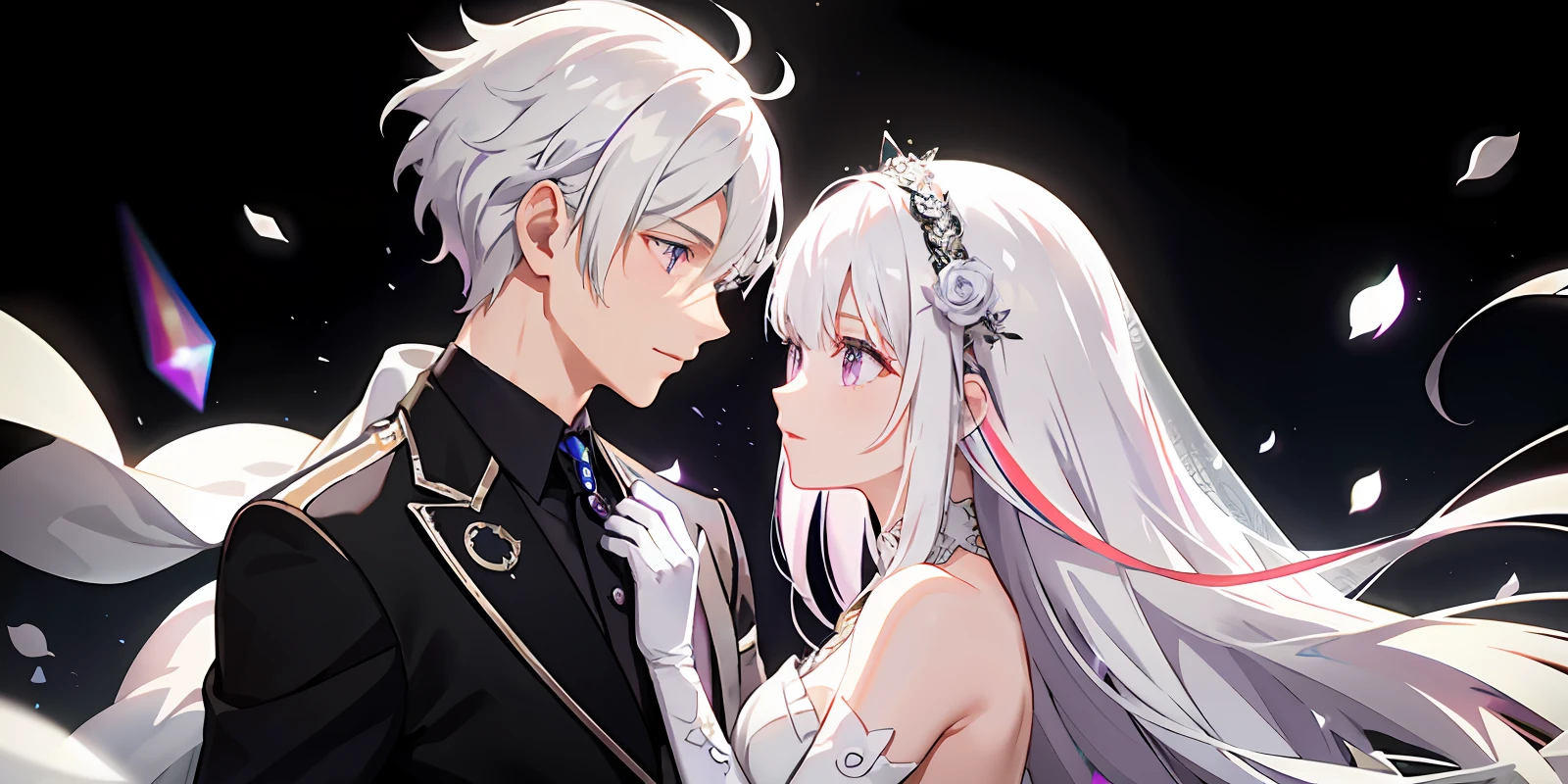 Couple, white hair, multicolored hair, purple eyes, head mask, side light, light particles, wallpaper, wedding dress