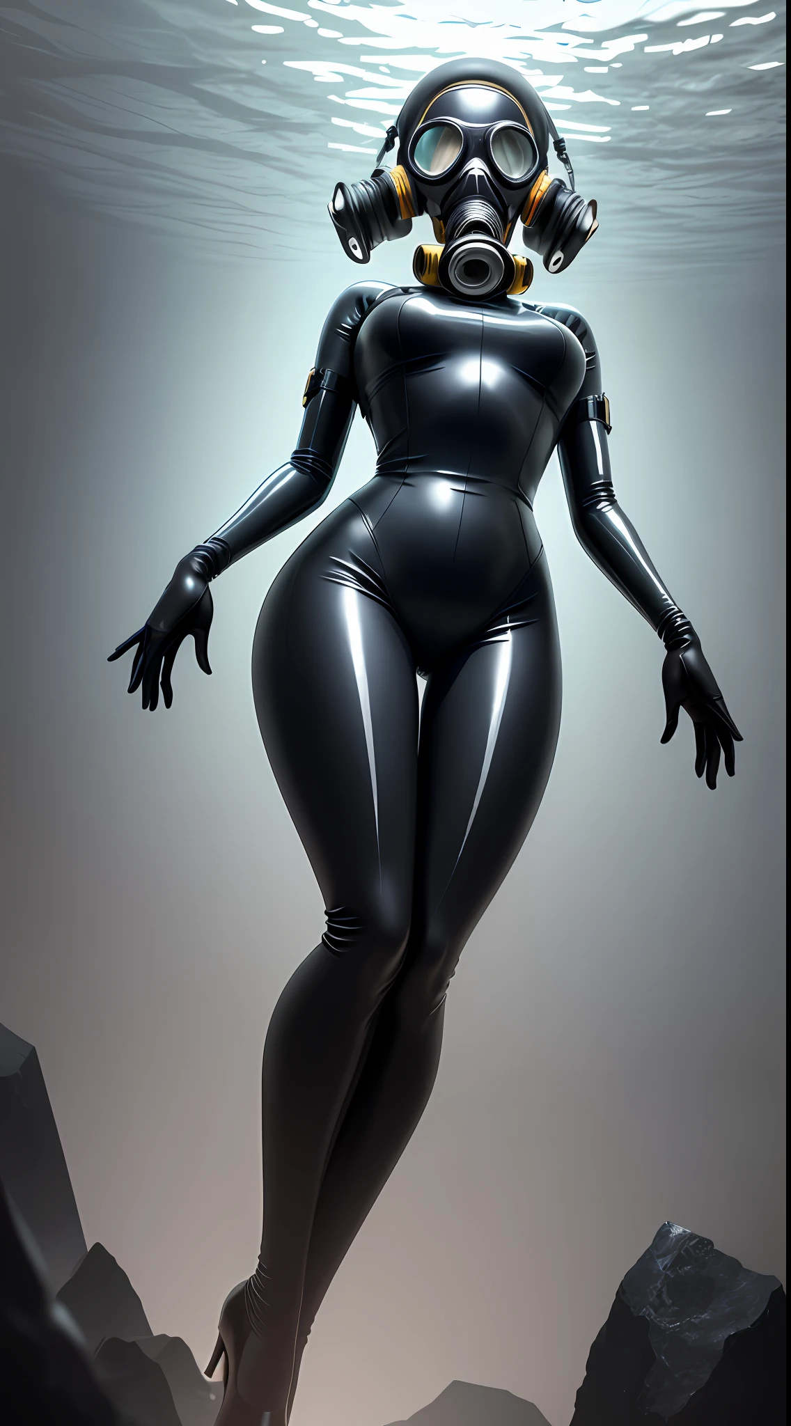 1 woman, underwater, latex tights, gas mask, faceless, elbow long gloves, over-the-knee latex socks, high heels, full body, anatomically correct, UHD, masterpiece, super detail, best quality, anatomically correct, gray background, depth of field, from below