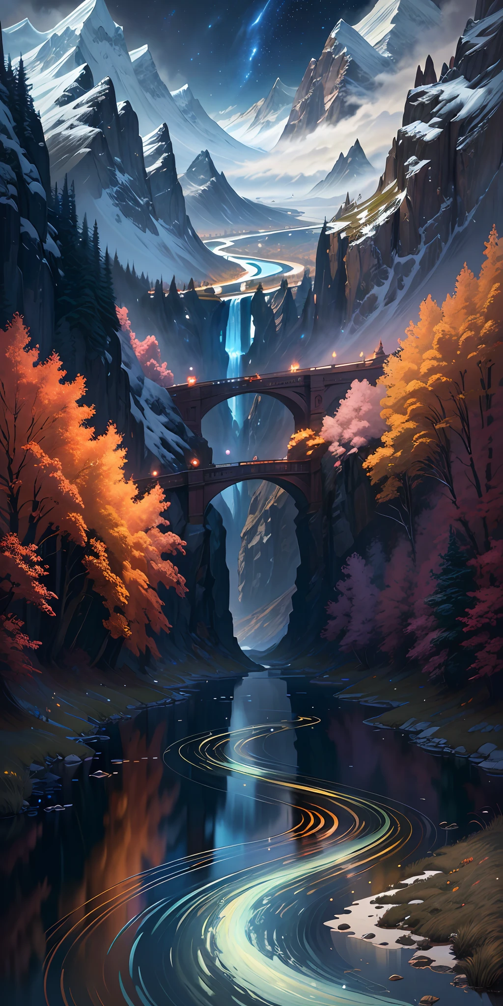 masterpiece, best quality, Night landscapes with mountains and rivers, fantasy, ethereal, painted by ryo takemasa, art nouveau, surrealism, anime, digital art, vibrant colors, dramatic lighting, detailed mountains, winding rivers, vibrant stars twinkling in the night sky, trending on artstation.