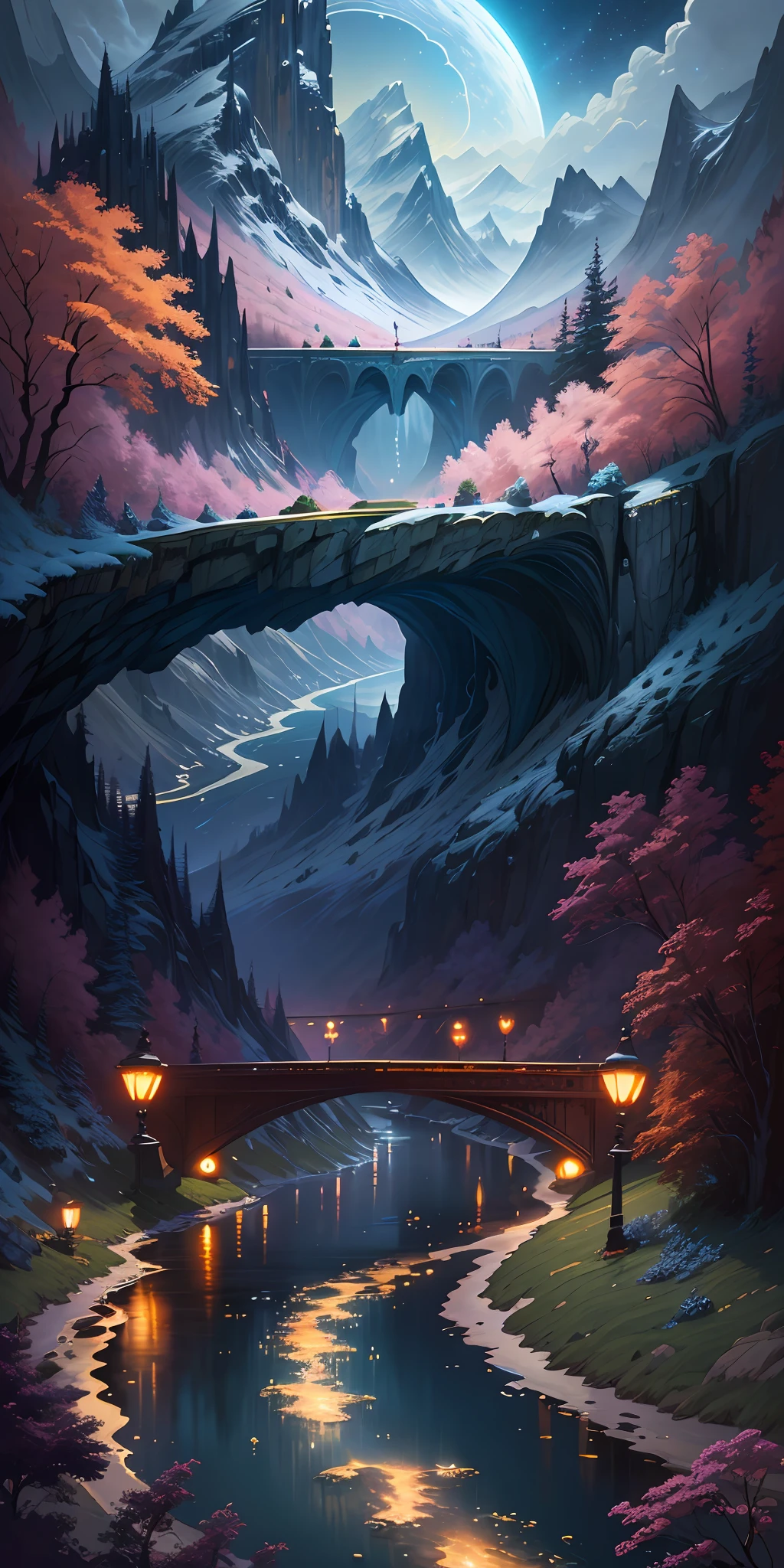 masterpiece, best quality, Night landscapes with mountains and rivers, fantasy, ethereal, painted by ryo takemasa, art nouveau, surrealism, anime, digital art, vibrant colors, dramatic lighting, detailed mountains, winding rivers, vibrant stars twinkling in the night sky, trending on artstation.