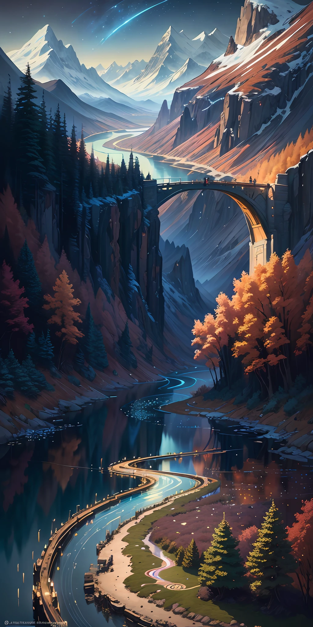 masterpiece, best quality, Night landscapes with mountains and rivers, fantasy, ethereal, painted by ryo takemasa, art nouveau, surrealism, anime, digital art, vibrant colors, dramatic lighting, detailed mountains, winding rivers, vibrant stars twinkling in the night sky, trending on artstation.
