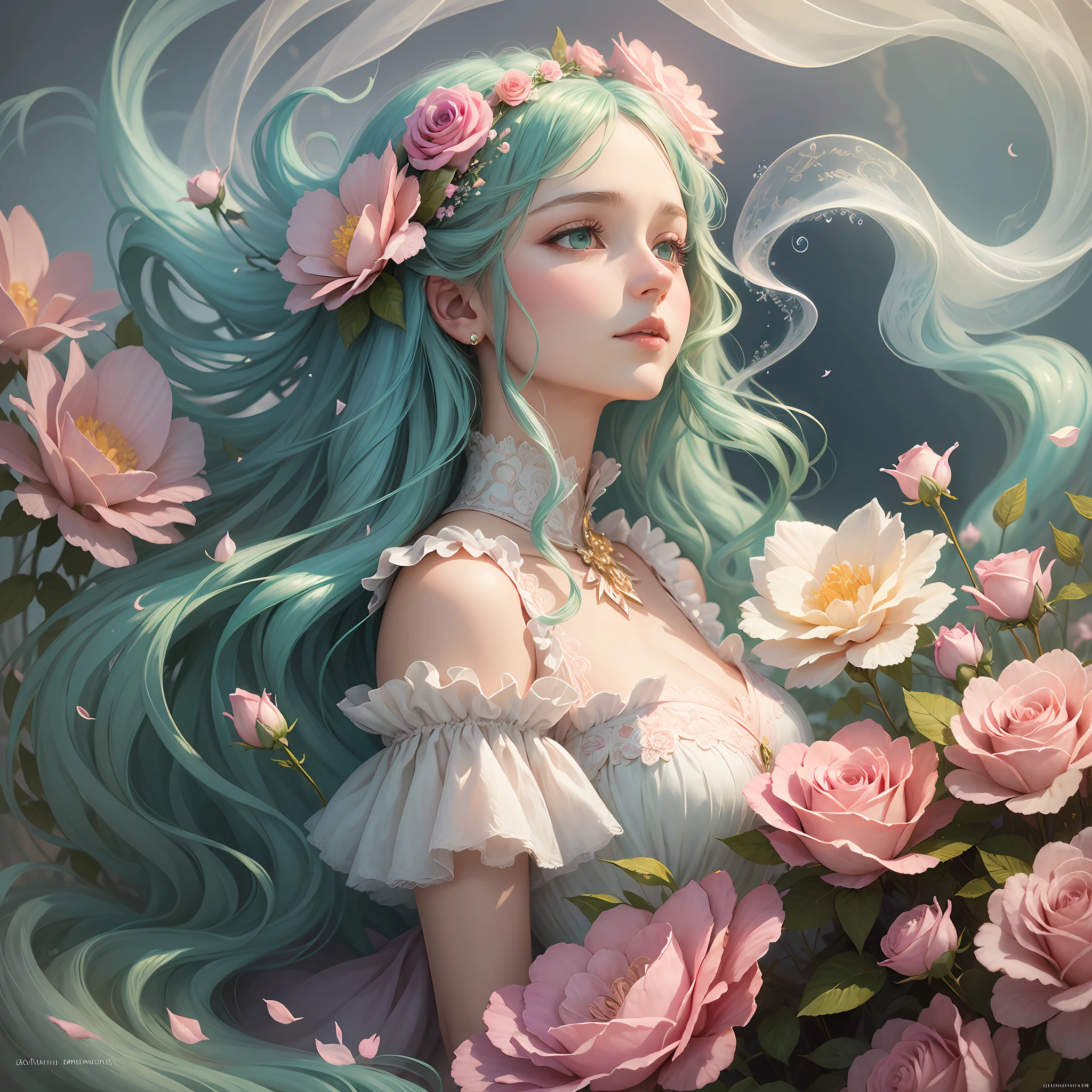Whimsical fantasy elegant rose floral botany minimalism with a wave of flowers garden flowing flowers floating in hazy pastel pink, aqua green, pastel apricot, smoke fractal, moody and massively realistic flowers, octane rendering, Josephine wall art, Isabel Menin, Jean, Amy brown --auto --s2