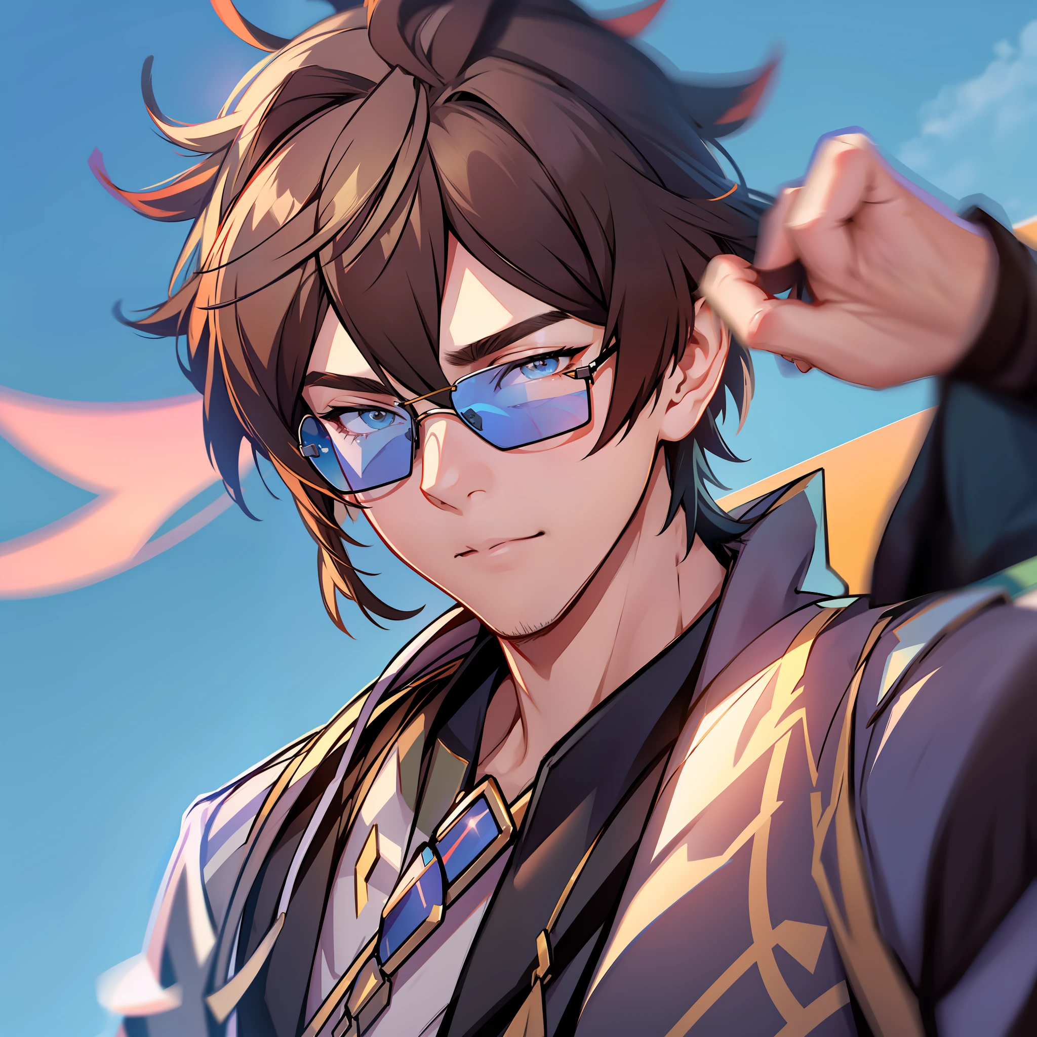 1boy, Zhongli wearing trendy blue sunglasses, with blue background