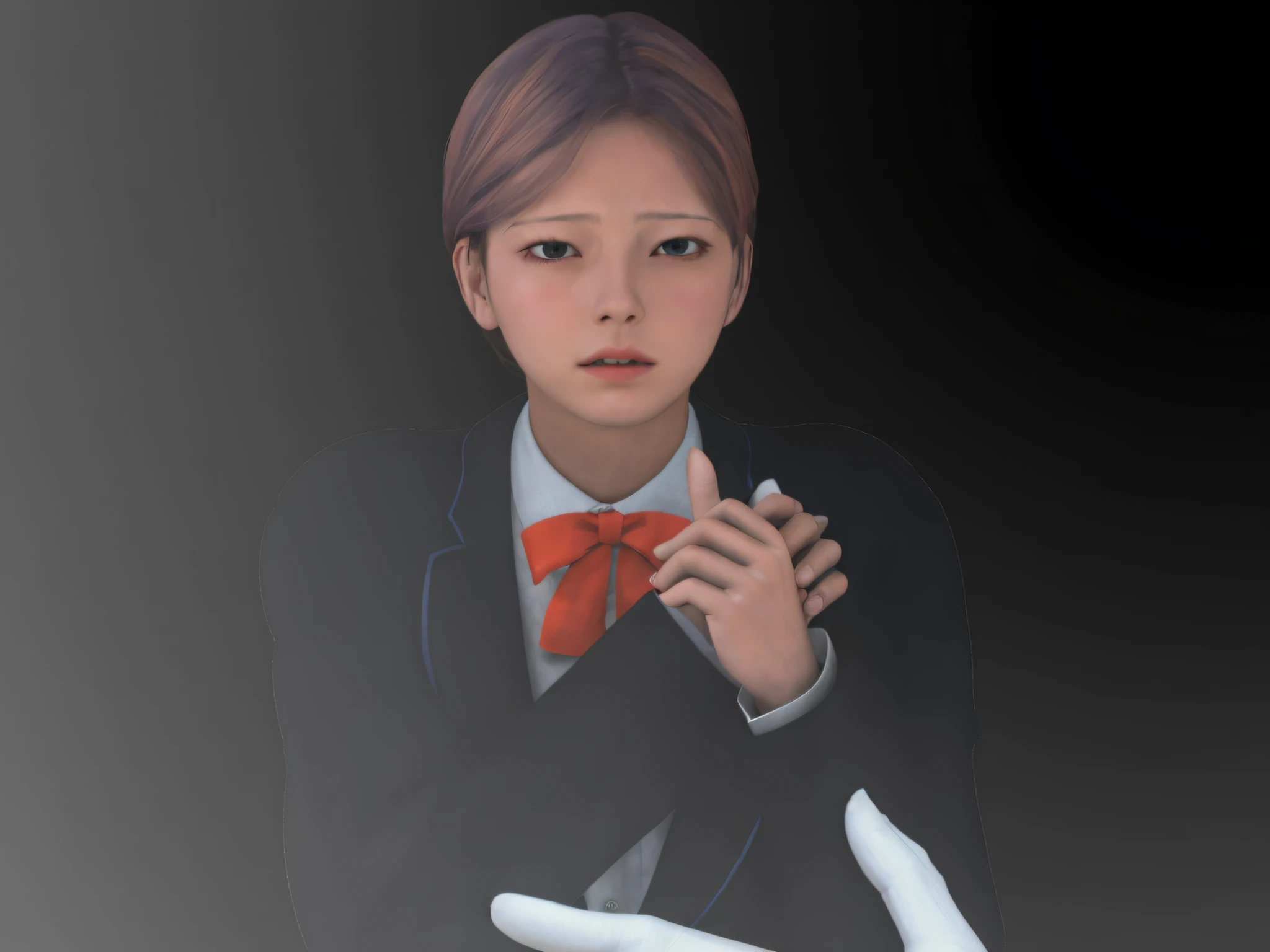 Realistic photo of cute girl, anxious expression