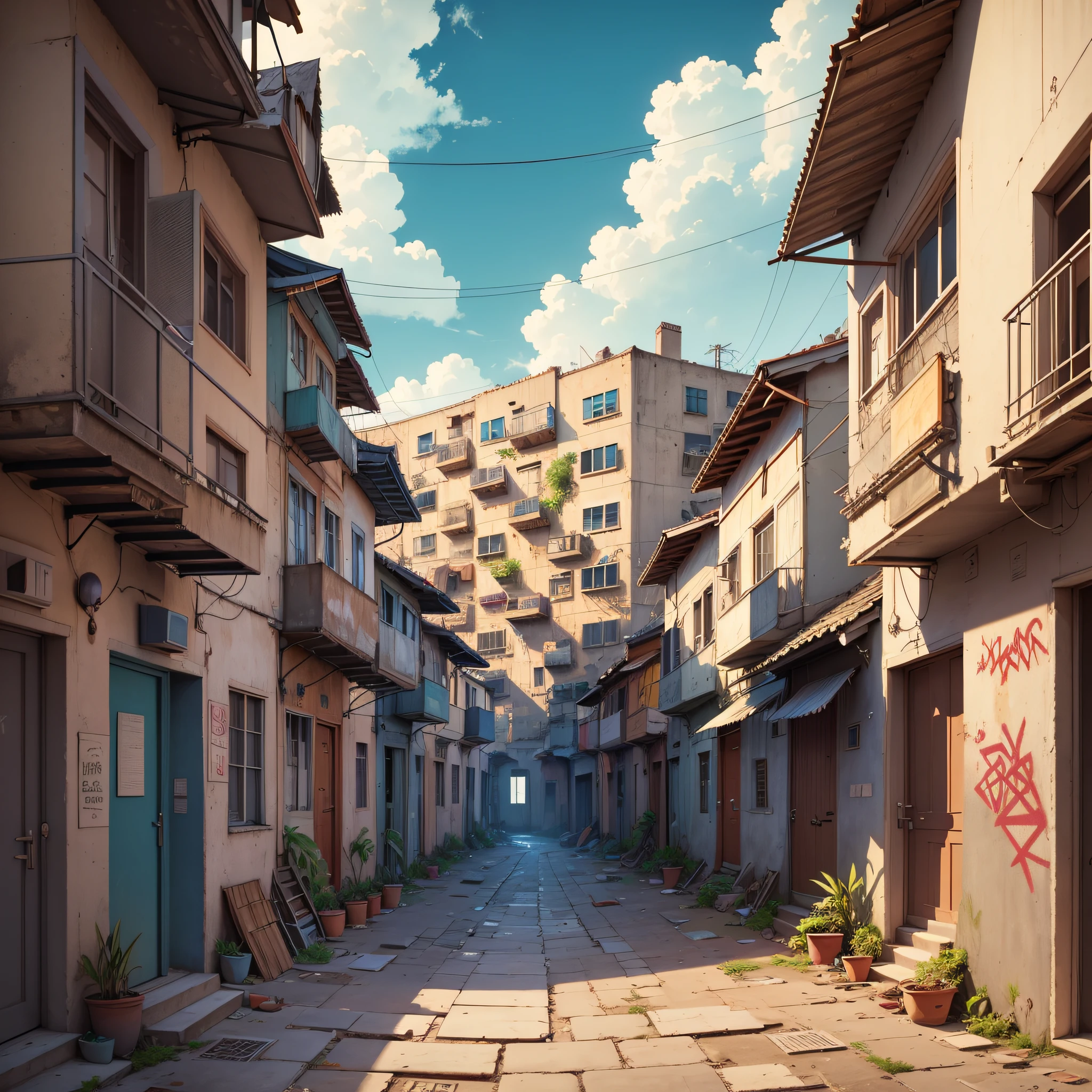 Centralized illustration of buildings, houses, slums and walls together in circular composition expanding from the center to the edges, chaotic, creative, graffiti style --auto --s2