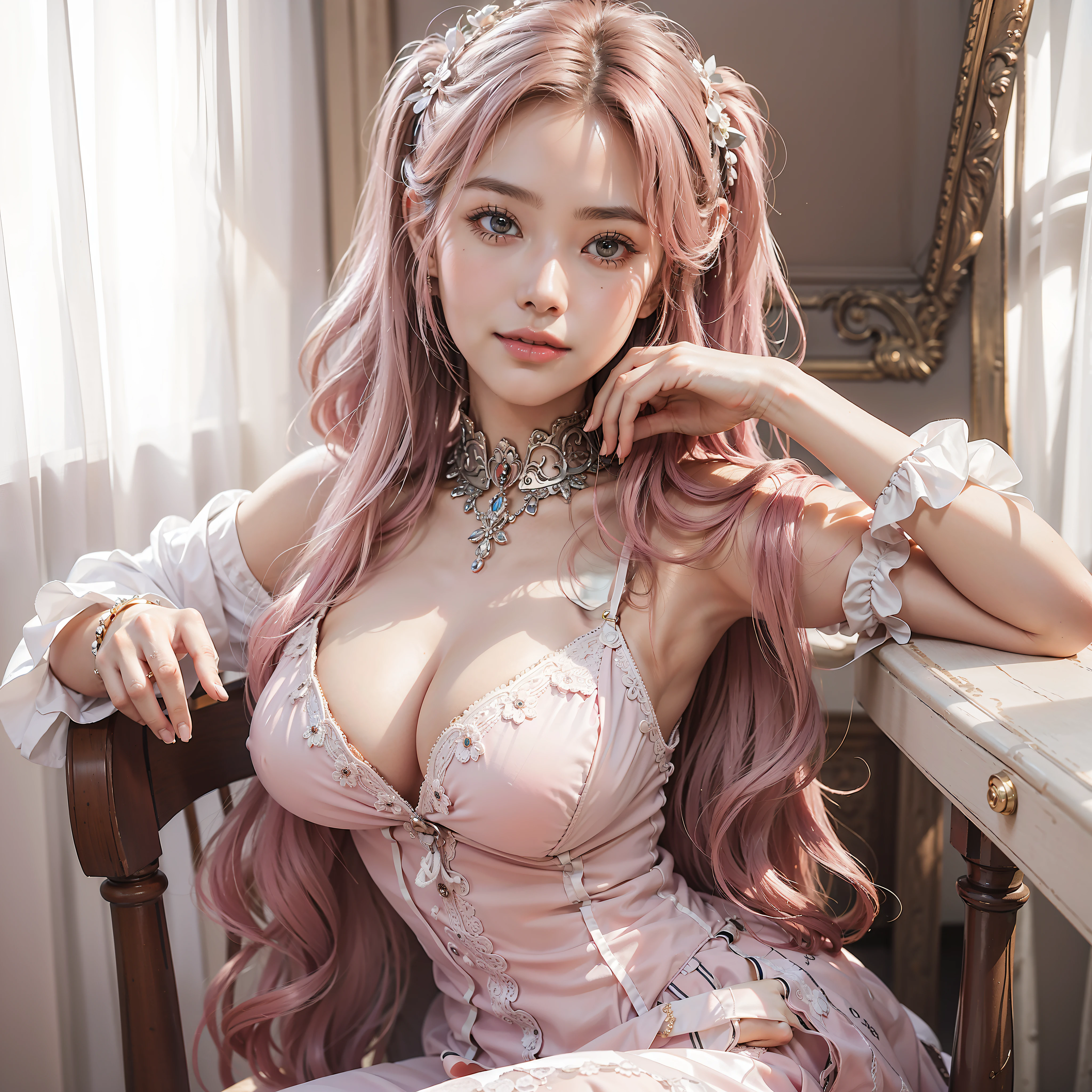 An obedient slave sitting on the chair, very detailed face, beautiful face, masterpiece, high quality, 3d, intricate details, seductive smile, seductive body, huge breast, cleavage, beautiful white dress, pink long hair, neck collar,