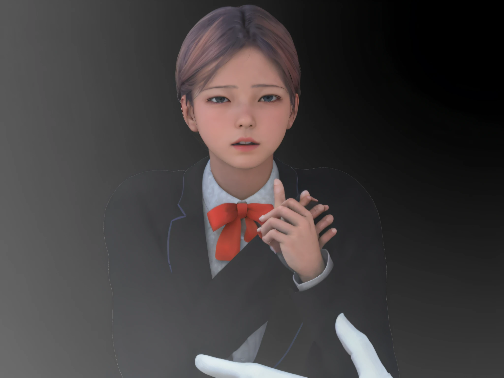 Realistic photo of cute girl, anxious expression