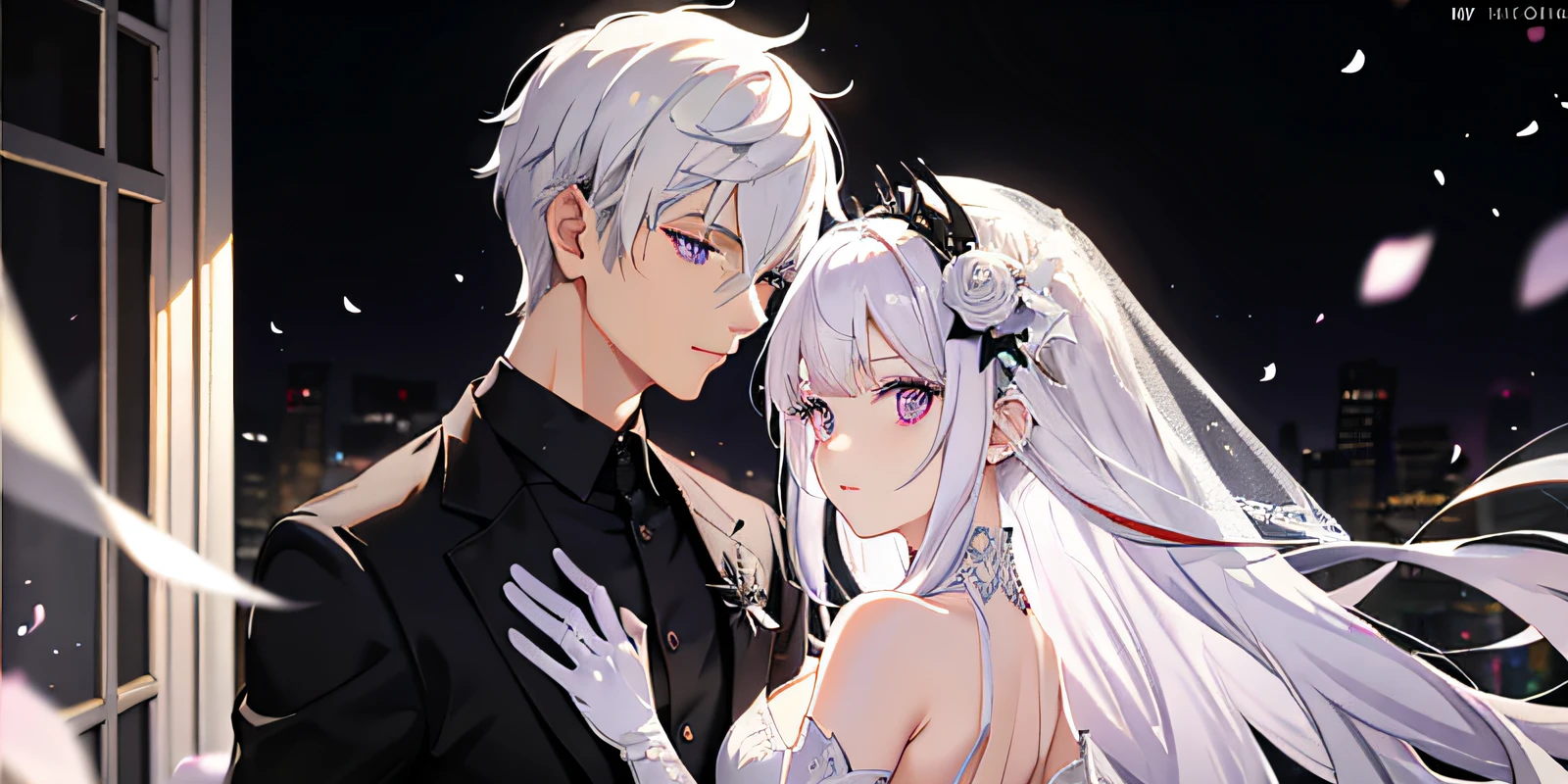 Couple, white hair, multicolored hair, purple eyes, head mask, side light, light particles, wallpaper, wedding dress