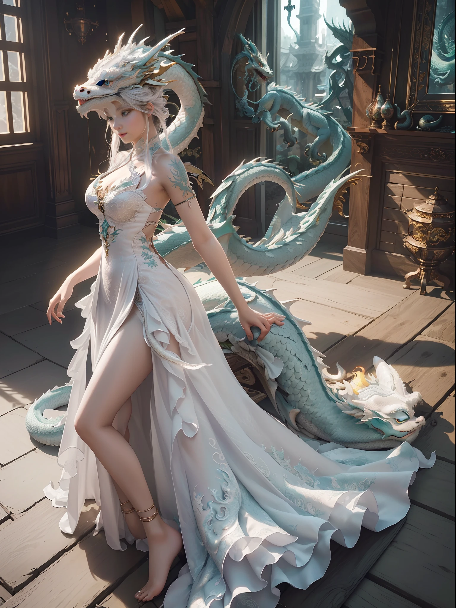 dragon_real,(extremely detailed CG unity 8k wallpaper,masterpiece, best quality, ultra-detailed, beautiful detailed eyes:1.2),best illumination, (best shadow, an extremely delicate and beautiful, bloom),the girl was surrounded by dragons, (1girl:1.4),breasts, solo,full body,Back tattoo,white dress,(color dragon:1.4),Bare leg,long dress,