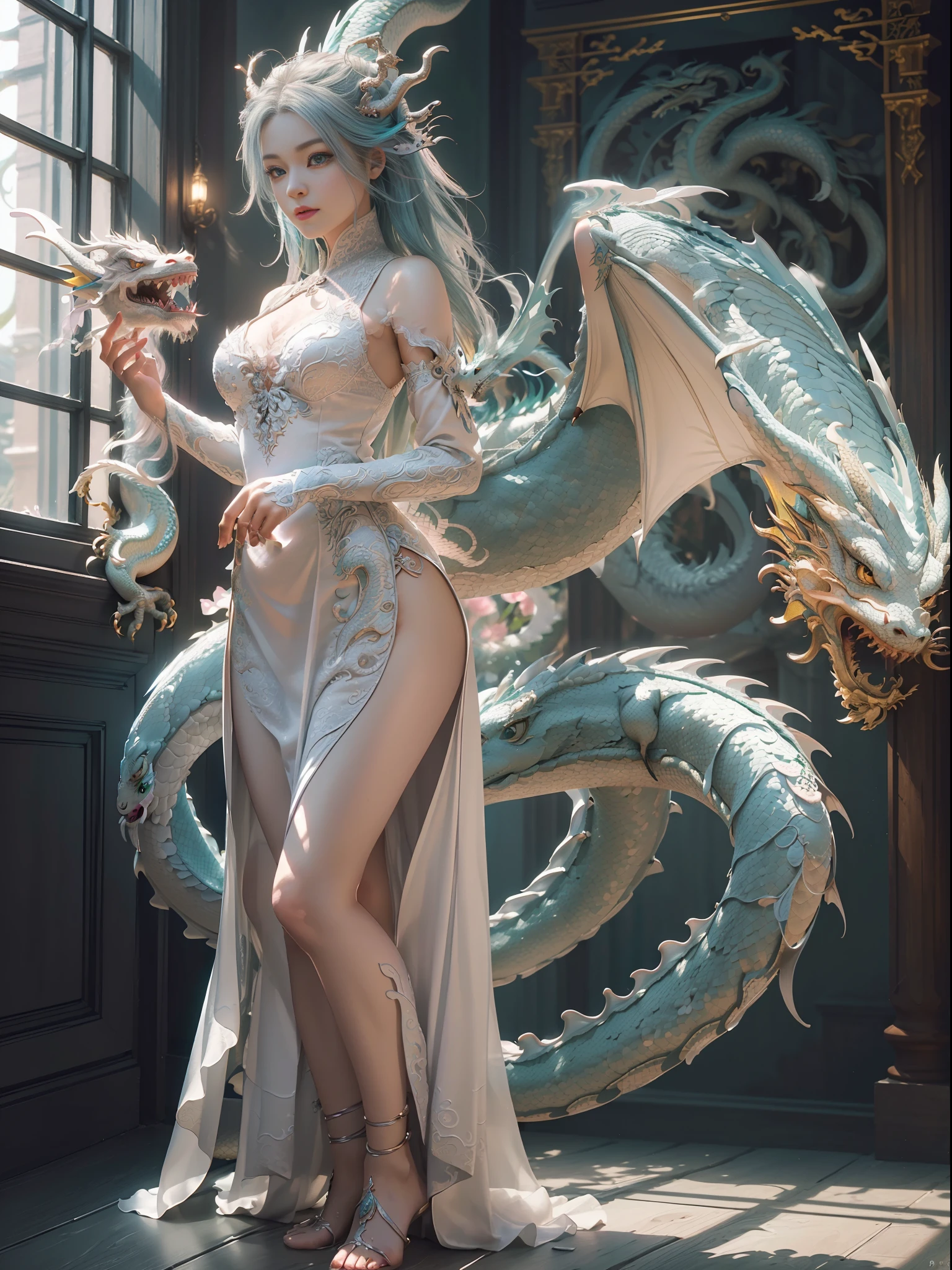 dragon_real,(extremely detailed CG unity 8k wallpaper,masterpiece, best quality, ultra-detailed, beautiful detailed eyes:1.2),best illumination, (best shadow, an extremely delicate and beautiful, bloom),the girl was surrounded by dragons, (1girl:1.4),breasts, solo,full body,Back tattoo,white dress,(color dragon:1.4),Bare leg,long dress,