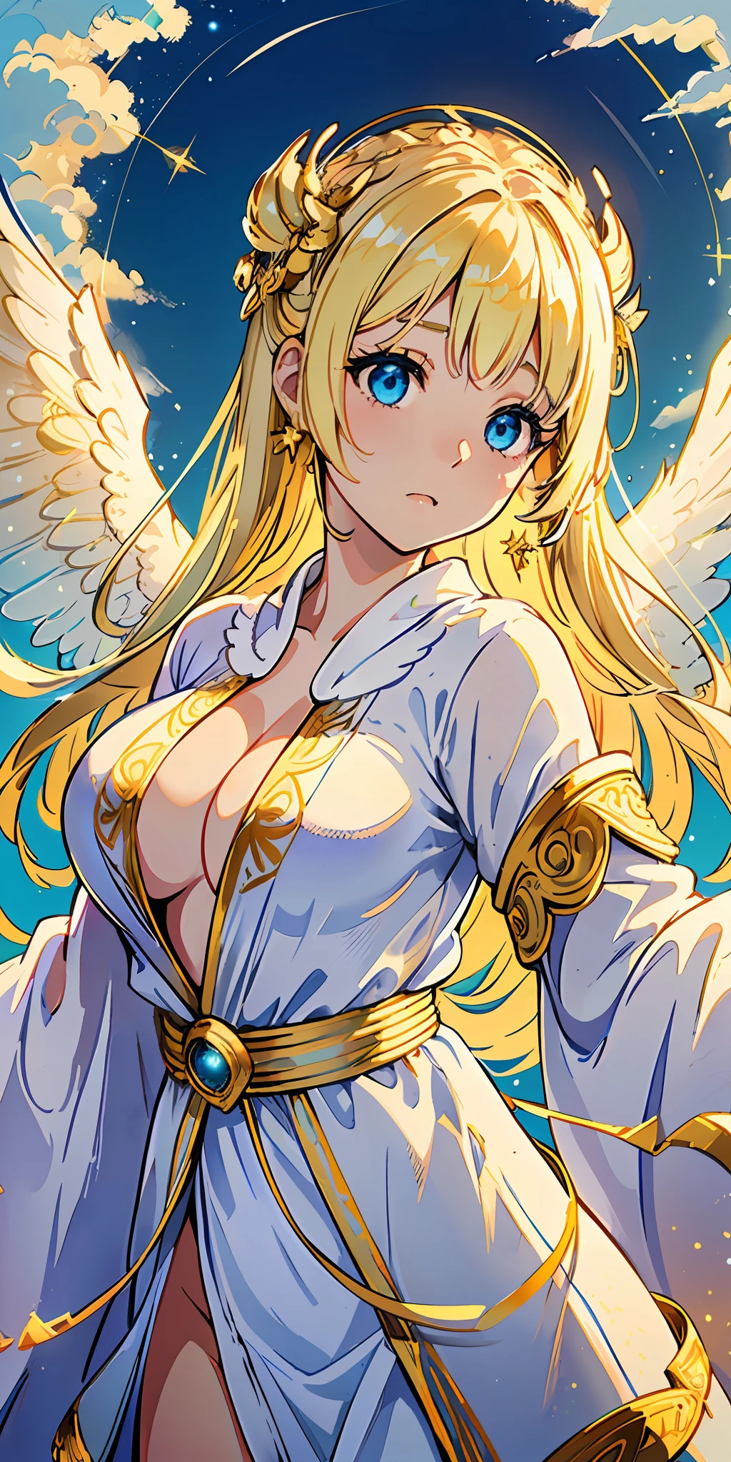 Best quality, ((background blue sky)), goddess of light, gods festival, angel wings on the back, hairstyle long straight, hair to waist length, ((hair not tied)), (glittering blonde), eye color is green green, rounded face, (((bright expression)), large breasts: 0.85, chubby: 0.90, (((white fantasy robe)), gold decorations are on clothes,