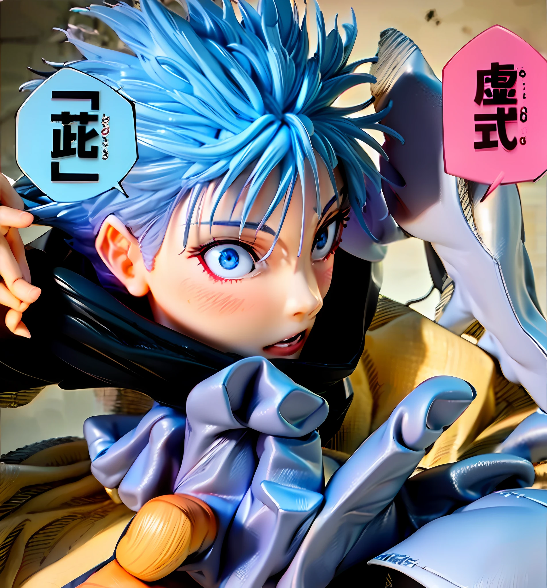 satoru gojo, 1boy, solo, (bangs), ultra detailed eyes, emelard blue eyes, white hair 
BREAK
upper body, looking at viewer, expressionless, closed mouth, from angle, (black jacket, black slacks), light has details,
BREAK
upper body, (chibi:0.7), [realistic], [3d], (3dcg), ((octane render)), [fisheye], smile, closed mouth, full body, hand up
BREAK
(8k, RAW photo, best quality, masterpiece:1.2), ultra high res, (((realistic, photo-realistic))), professional lighting, detailed lighting, professional photography, fisheye, dynamic angle, high quality, high res, extremely detailed, bloom
BREAK
depth of field, sketch, sharp focus, soft lighting, good composition, god light highlight, detailed, (((photorealistic details))), detailed skin, to8contrast style, 
depth of field, sketch, sharp focus, soft lighting, good composition, god light highlight, detailed, (((photorealistic details))), detailed skin, to8contrast style,