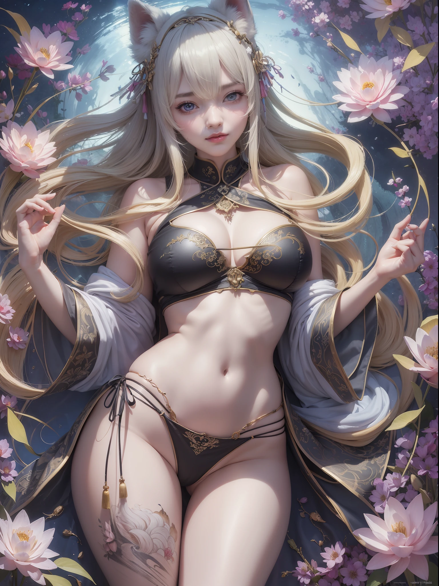 ((4K, masterpiece, highest quality)), ink painting, Chinese traditional ink painting, lotus, han clothing, maxi kit, modest clothing
1 girl, solo, gray hair, long hair, fox ears, Caucasian person, bikini, fish, lots of fish nearby, looking at the beholder, bullying, official art, unity 8k wallpaper, ultra detailed, beautiful and aesthetic, beautiful, masterpiece, best quality, a girl has beautiful face, looking at viewer, short blonde hair, big hip , perfeect kawaii face, slender body, beautiful body, sexy pose, from above, abs