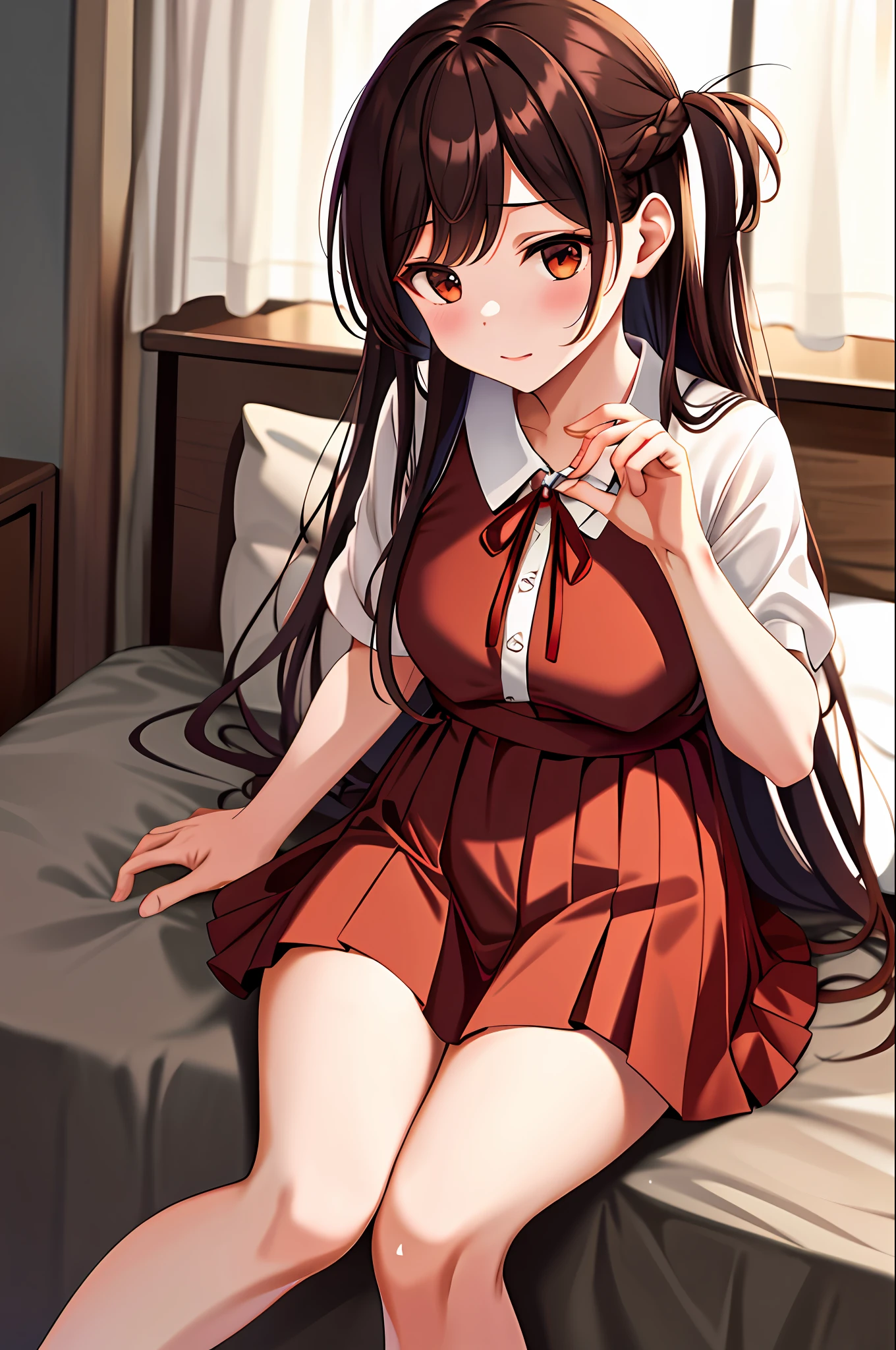masterpiece, best quality, highres, chi1, 1girl, long hair, braid, one side up, solo, red ribbon, pleated skirt, bangs, night dress, sexy pose, bedroom, bed, sitting, hands behind,