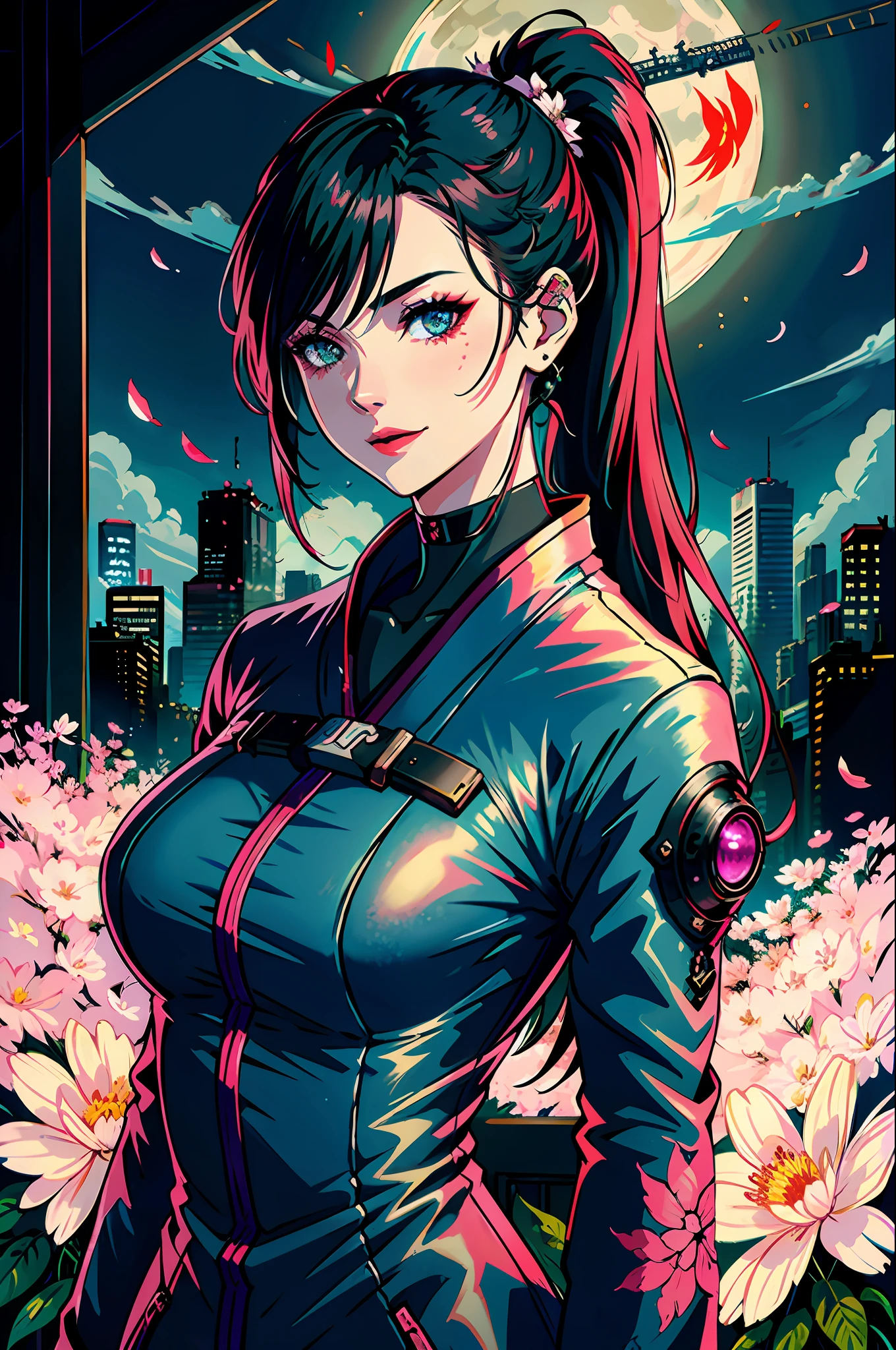 masterpiece, best quality, 1woman, (finely detailed beautiful eyes and detailed face), cinematic lighting, bust photo,extremely detailed 8k CG unit wallpaper, solo, smile, ((flying petals)) ,(flowery meadow), overcast sky, waning moon, night, (dark theme: 1.2), fantasy, cyberpunk future japan: 1.5, she has long black hair with ponytail, white skin, wears makeup, lipstick, choker, nice cyberpunk japanese clothes, she is a mercenary from a cyberpunk game, she holds a glowing cybersword: 1.5