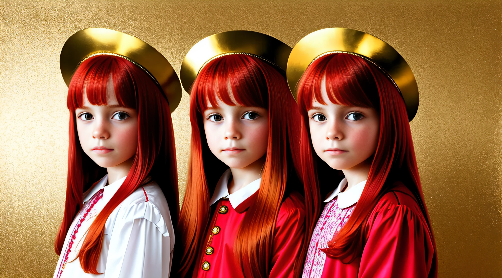 REDHEAD KIDS GIRLS WITH STRAIGHT HAIR and gold lords on their head, RED BACKGROUND.