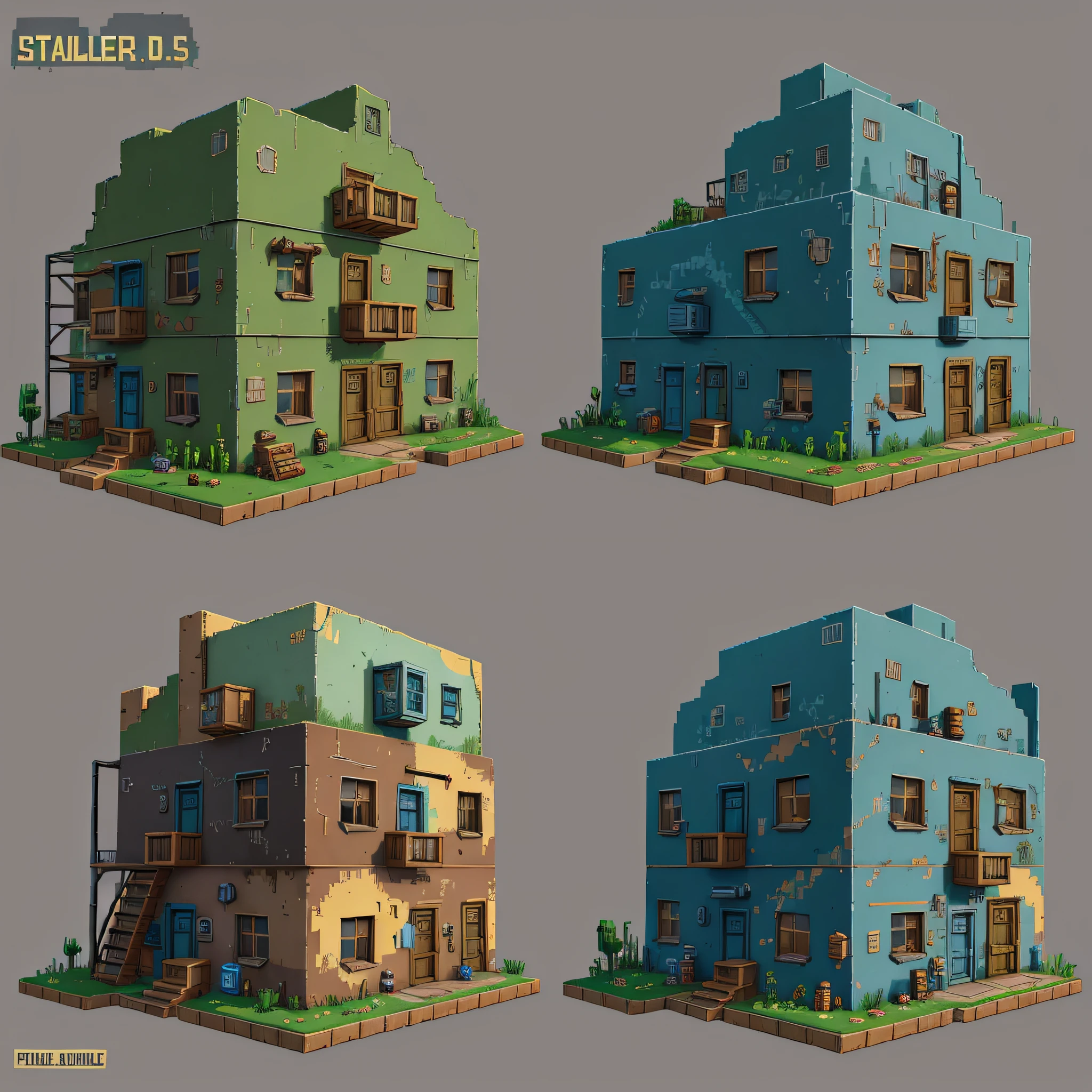 fallout style themed multiple buildings models spritesheet game assets, 2d game, side view, pixel art