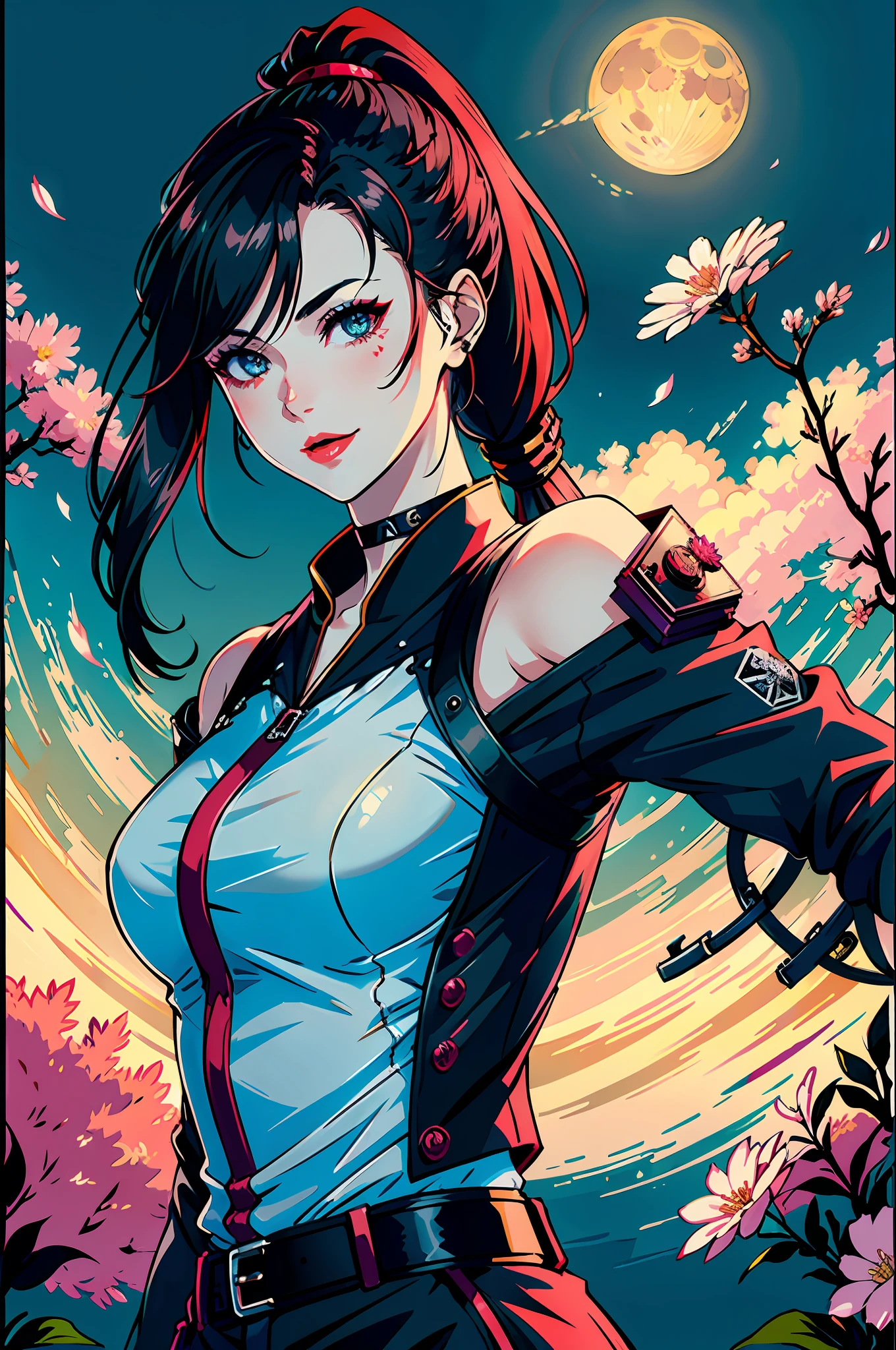 masterpiece, best quality, 1woman, (finely detailed beautiful eyes and detailed face), cinematic lighting, bust photo,extremely detailed 8k CG unit wallpaper, solo, smile, ((flying petals)) ,(flowery meadow), overcast sky, waning moon, night, (dark theme: 1.2), fantasy, cyberpunk future japan: 1.5, she has long black hair with ponytail, white skin, wears makeup, lipstick, choker, nice cyberpunk japanese clothes, she is a mercenary from a cyberpunk game, she holds a glowing cybersword: 1.5