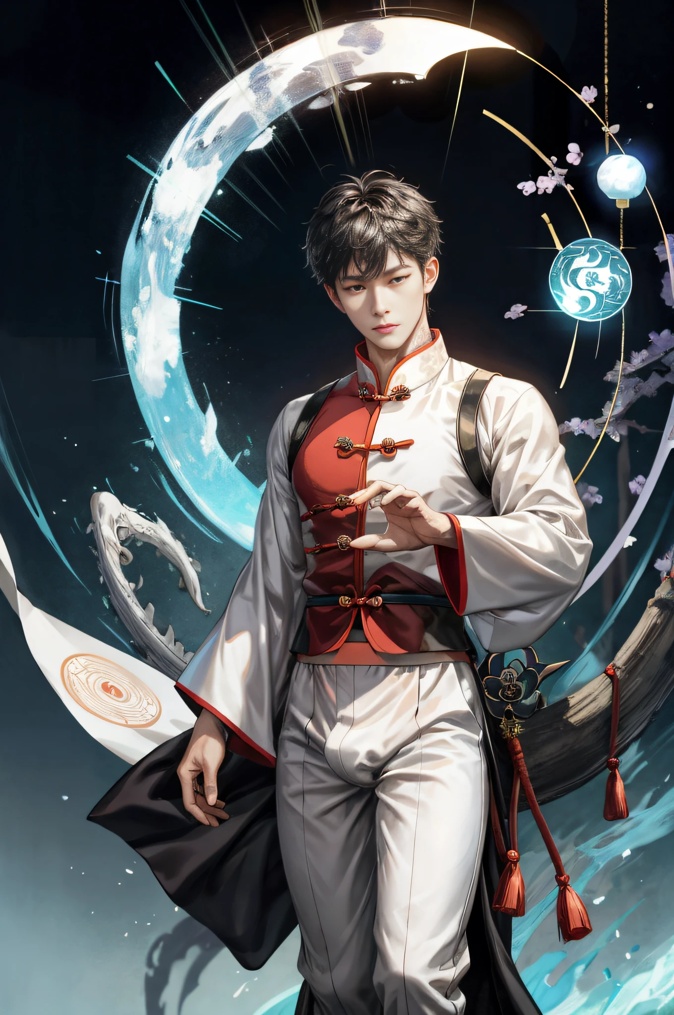 Handsome, 25 years old, Asian, master work, best picture quality, higher quality, high detail, super high resolution, 8k resolution, delicate facial features, boy, big muscles, tattoos, glowing eyes, hair details, [[look away, look to the side, emphasize homosexuality and pay attention to every detail , cross-legged, open Hanfu transparent tulle jacket, white rubber pants, (((((crotch bulge)))) (harmony, balance, yin and yang), Chinese silk painting, Tai Chi principle, smooth movement, interconnected elements, Interaction of contrasting forces, Taoist philosophy, Touch of the I Ching, warm and cold tones, reflective art, inspiration by Laozi, Zhuangzi, Yin and Yang Diagram, Taiji Diagram, Bagua Diagram, Spirit and Flesh Unity, Taoism, Summoning Magic, Movie Lighting, Fire and Ice, Bagua Background, Round Bagua, Yiyang, Taoist Practice, Meditation Meditation, Buddha Meditation, Spiral Dragon, Top Cloud Dragon,