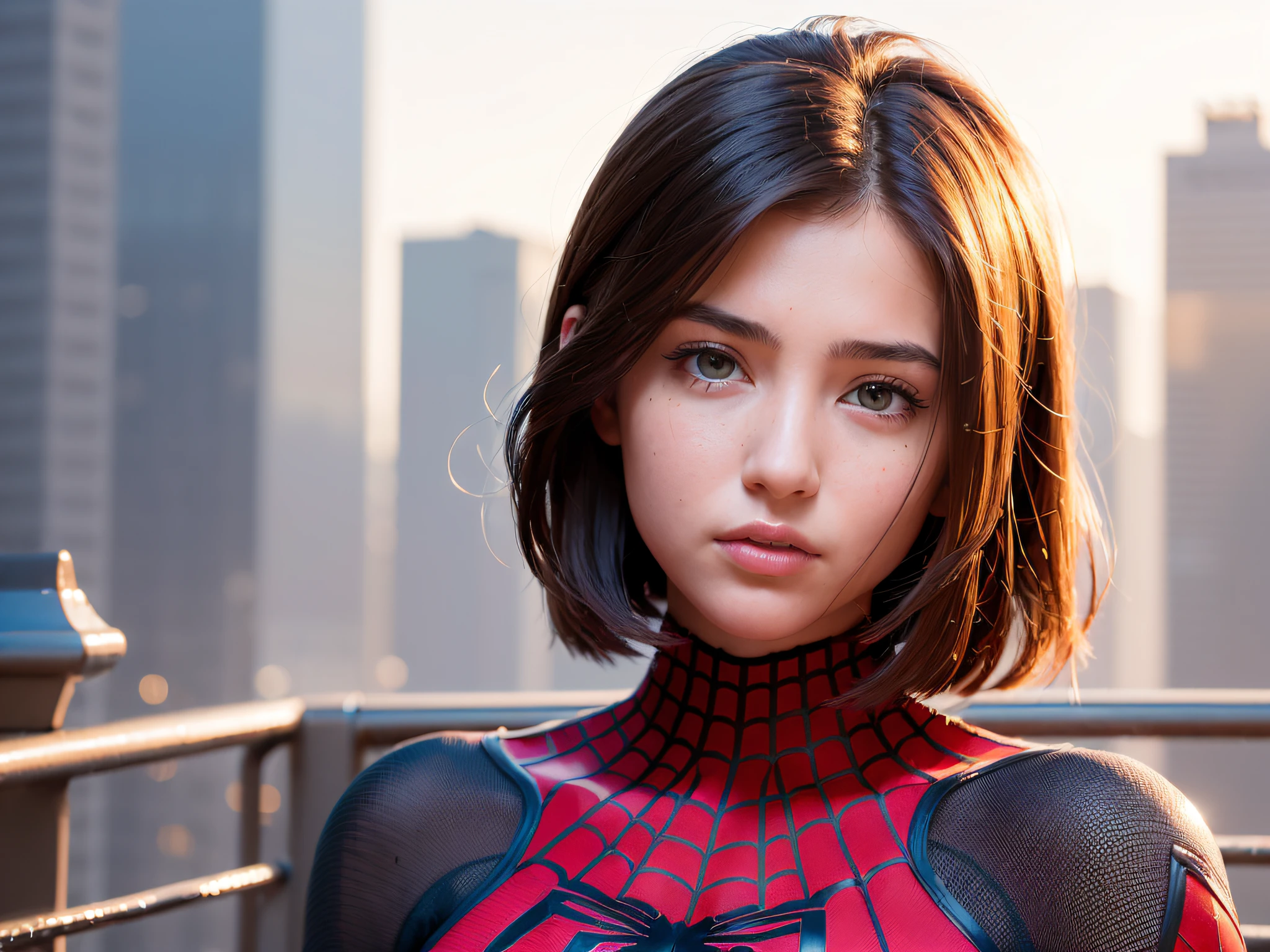 (1girl:1.6), Solo, (((Very detailed face)))), ((Very detailed eyes and face)))), Beautiful detail eyes, Body parts__, Official art, Unified 8k wallpaper, Super detailed, beautiful and beautiful, beautiful, masterpiece, best quality, original, masterpiece, super fine photo, best quality, super high resolution, realistic realism, sunlight, full body portrait, amazing beauty, dynamic pose, delicate face, vibrant eyes, (from the front), She wears Spider-Man suit, red and black color scheme, spider, very detailed city roof background, rooftop, overlooking the city, detailed face, detailed complex busy background, messy, gorgeous, milky white, highly detailed skin, realistic skin details, visible pores, clear focus, volumetric fog, 8k uhd, DSLR, high quality, film grain, fair skin, photo realism, lomography, futuristic dystopian megalopolis, translucent